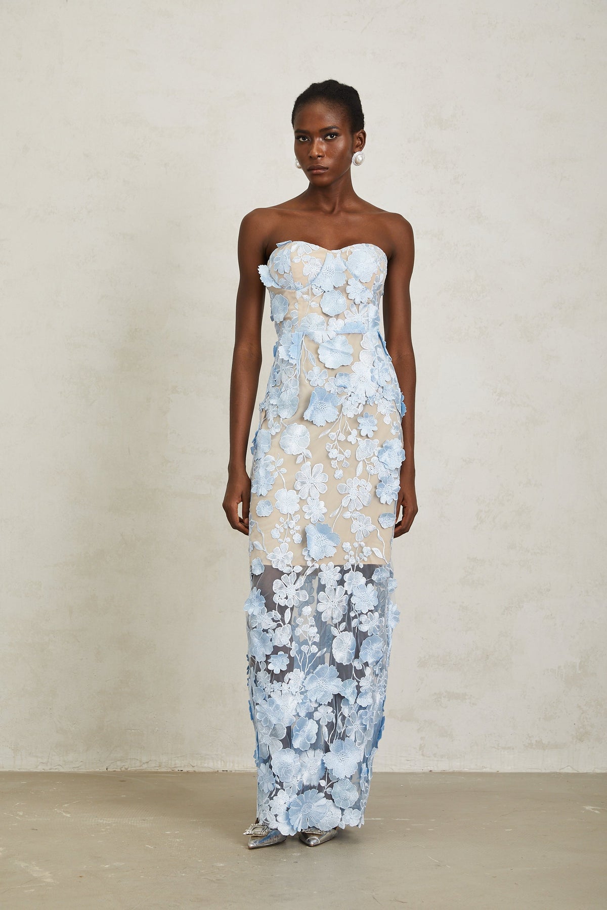 Brigitte Blue Floral Appliqué Corset Maxi Dress