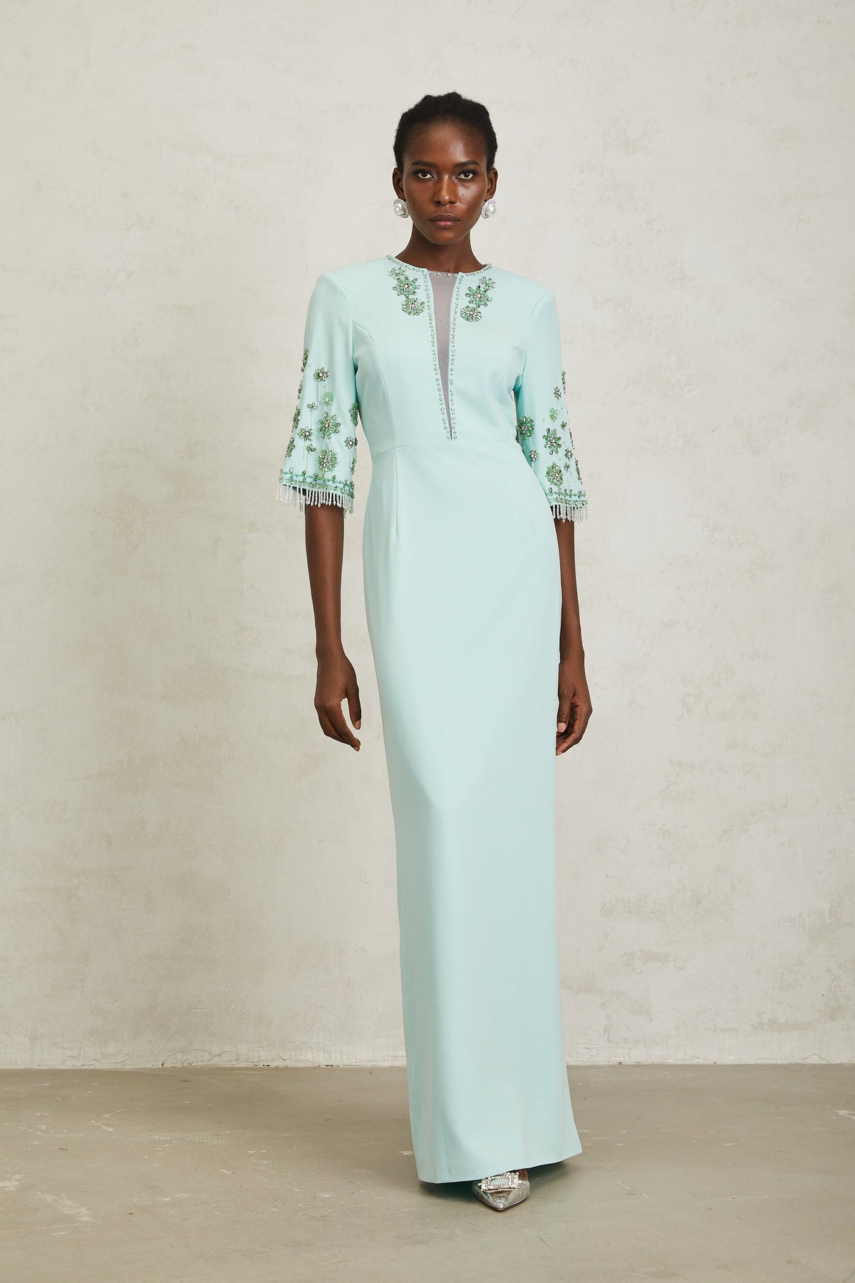 Manuela Mint Green Crystal Embellished Maxi Dress - green