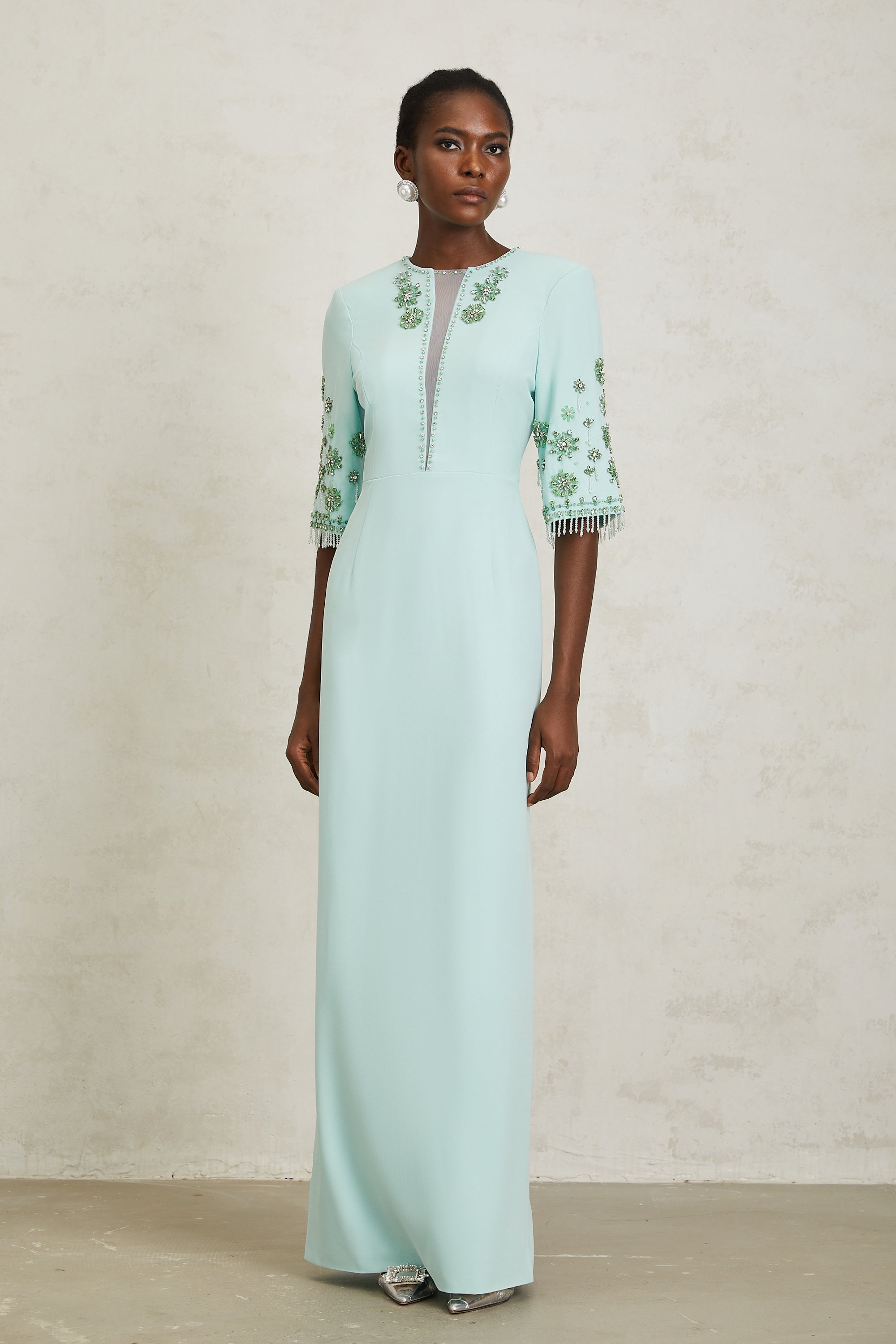 Manuela Mint Green Crystal Embellished Maxi Dress - green