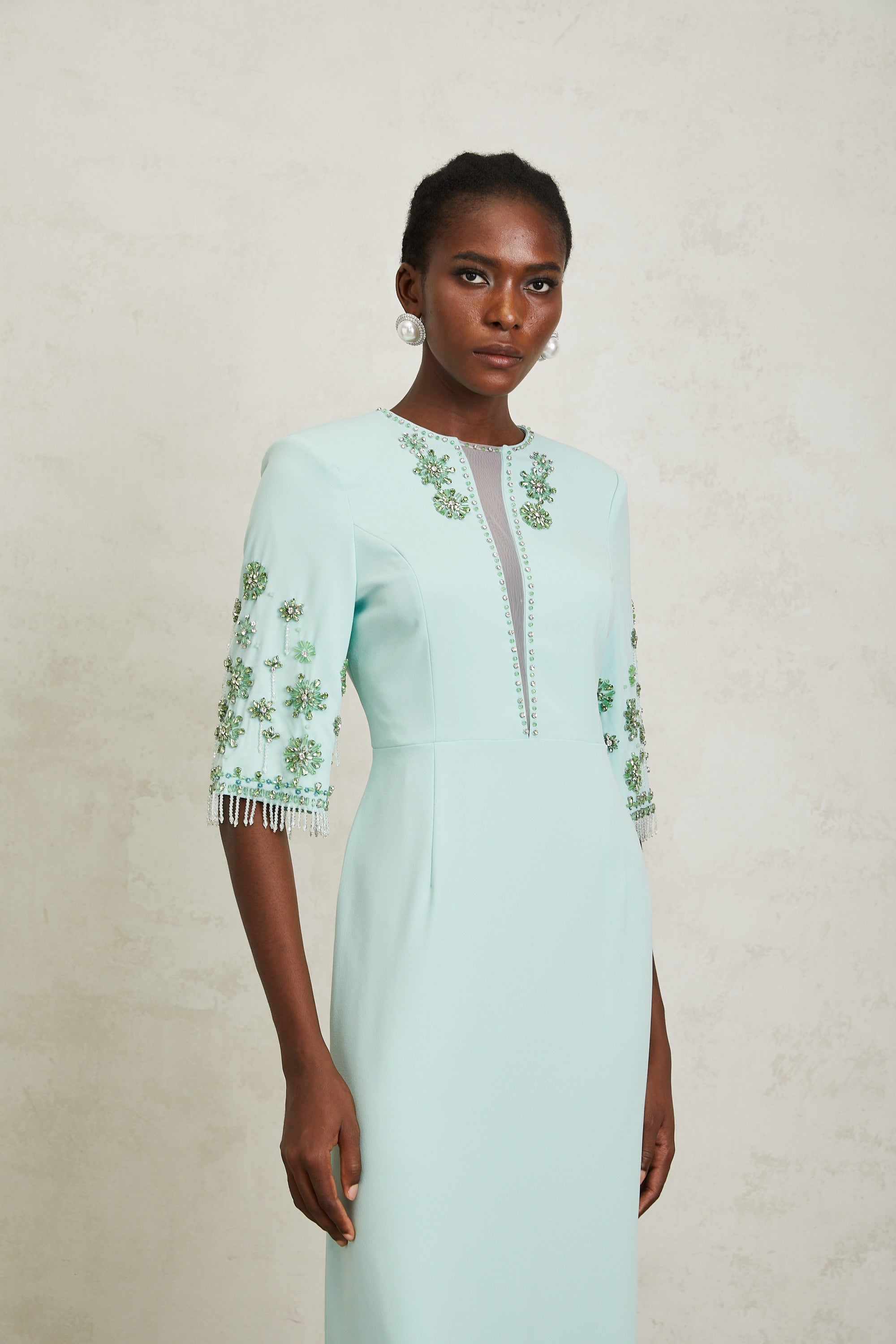 Manuela Mint Green Crystal Embellished Maxi Dress - green