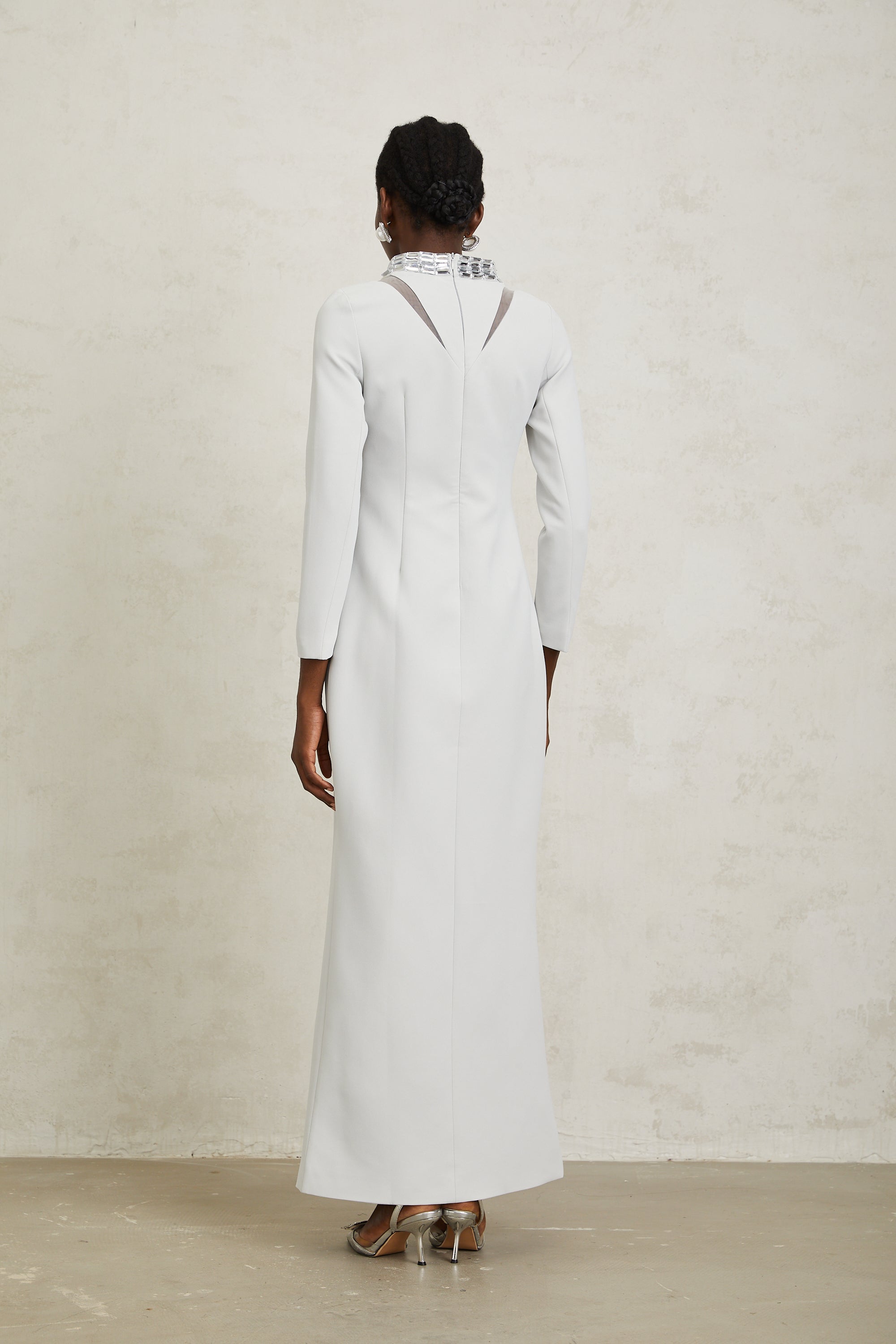 Magdalena Light Grey Crystal Embellished Maxi Dress - white