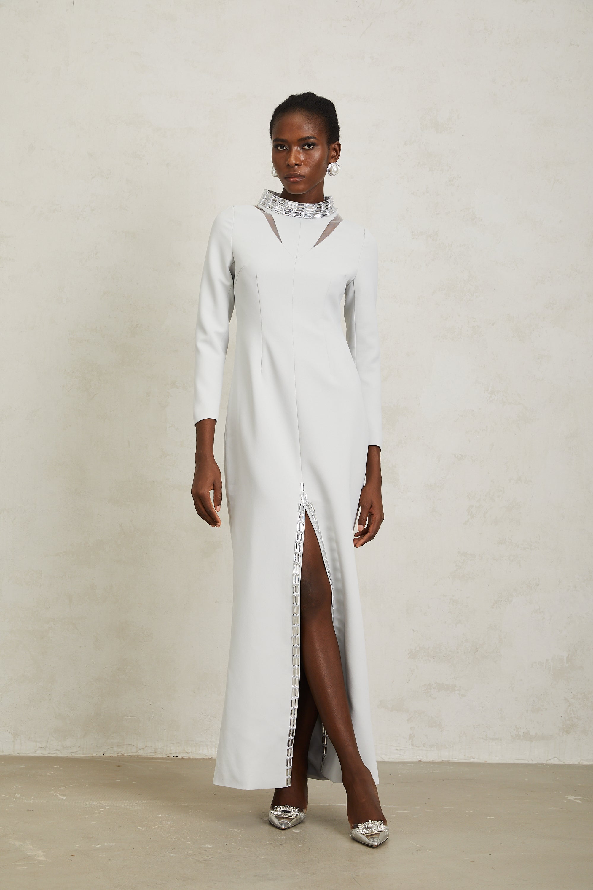 Magdalena Light Grey Crystal Embellished Maxi Dress - white