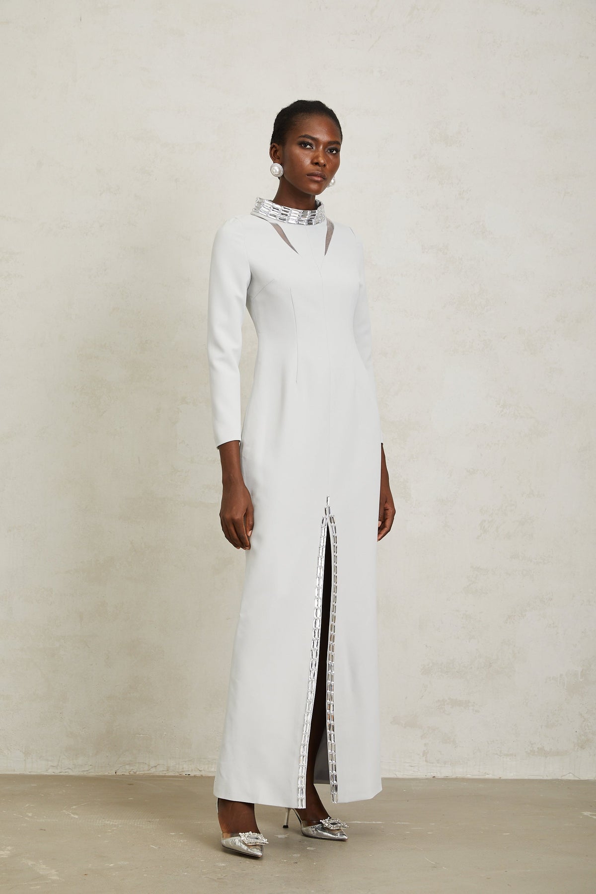Magdalena Light Grey Crystal Embellished Maxi Dress - white