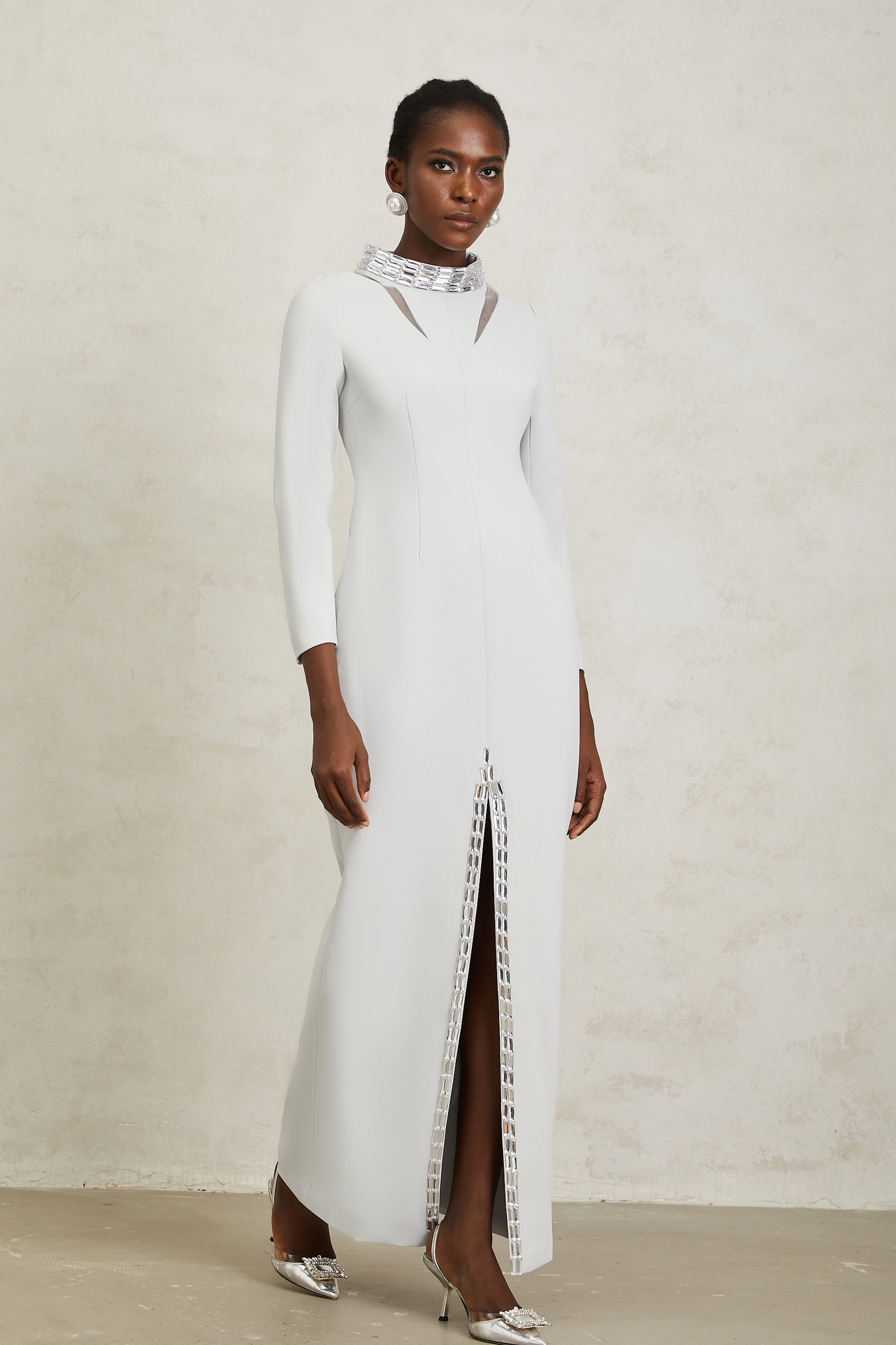 Magdalena Light Grey Crystal Embellished Maxi Dress - white