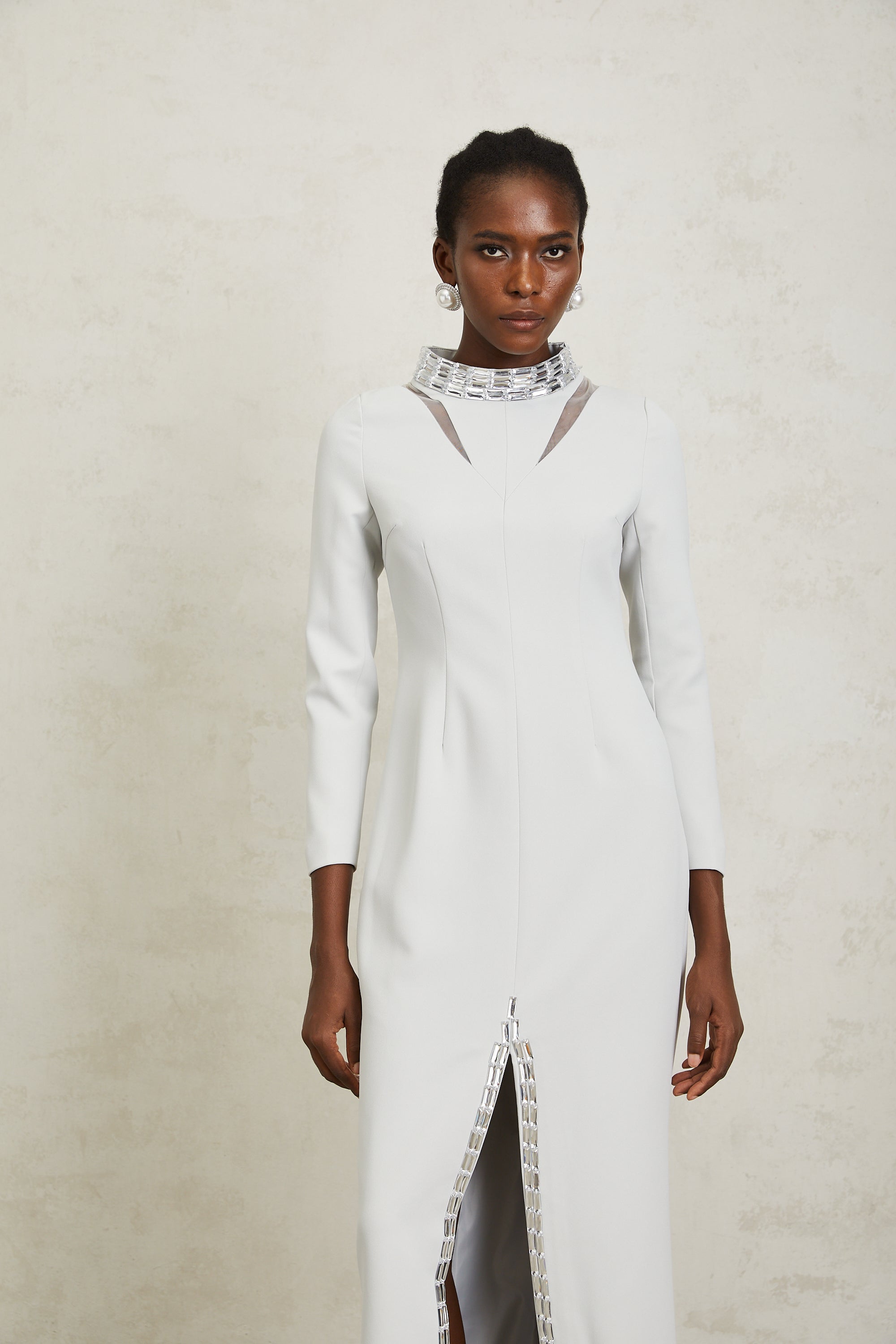 Magdalena Light Grey Crystal Embellished Maxi Dress - white