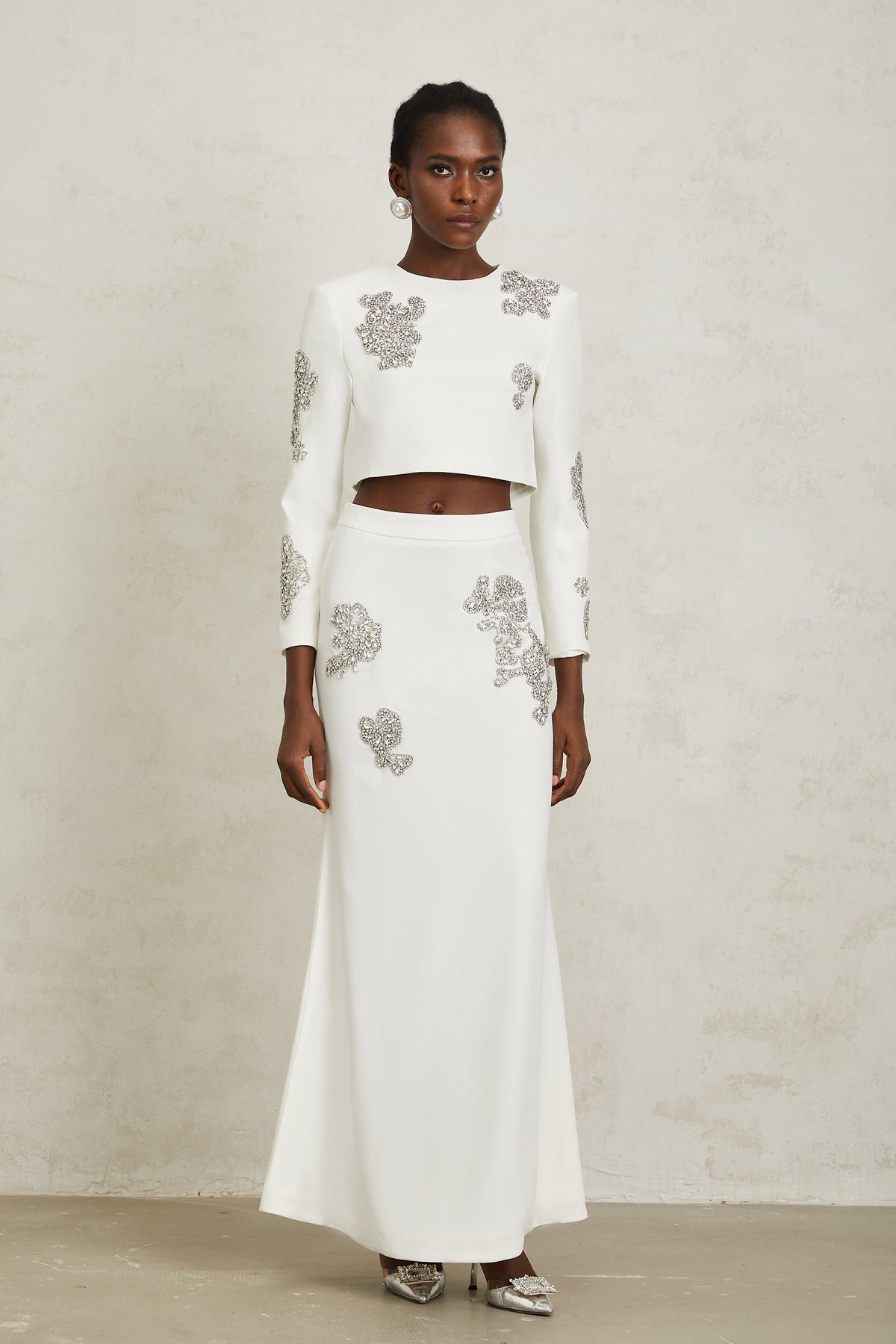 Luna White Crystal Embellished Top & Skirt Set