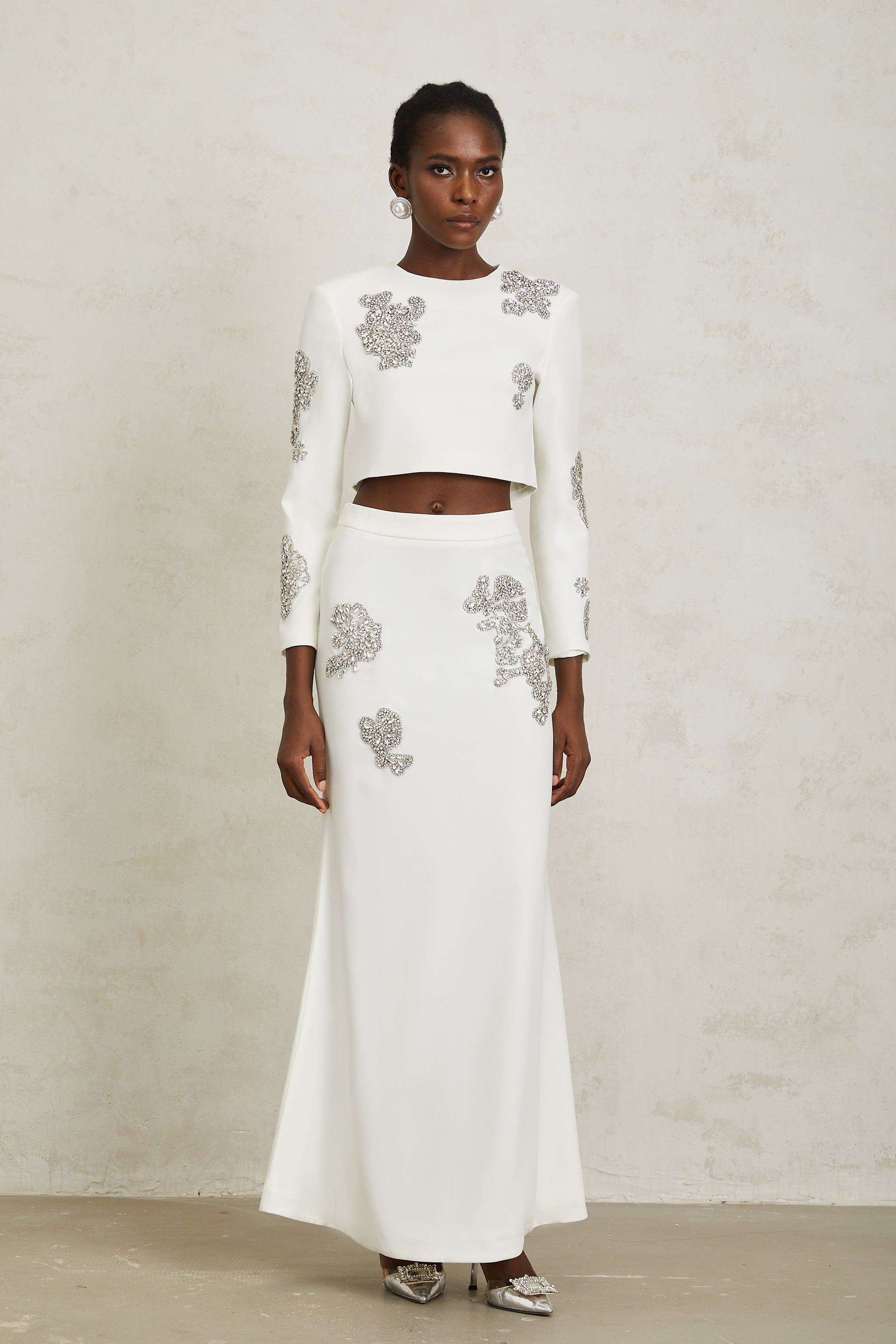 Luna White Crystal Embellished Top & Skirt Set - white