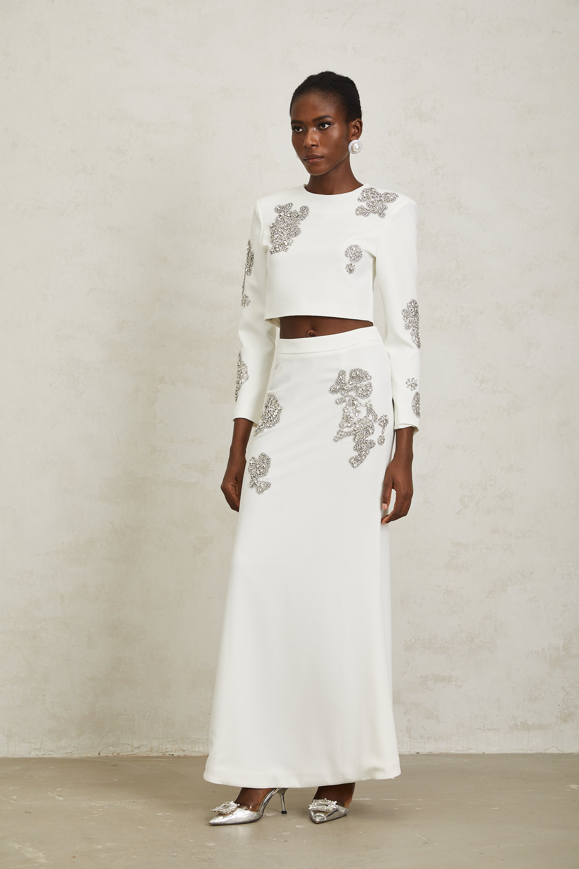 Luna White Crystal Embellished Top & Skirt Set - white