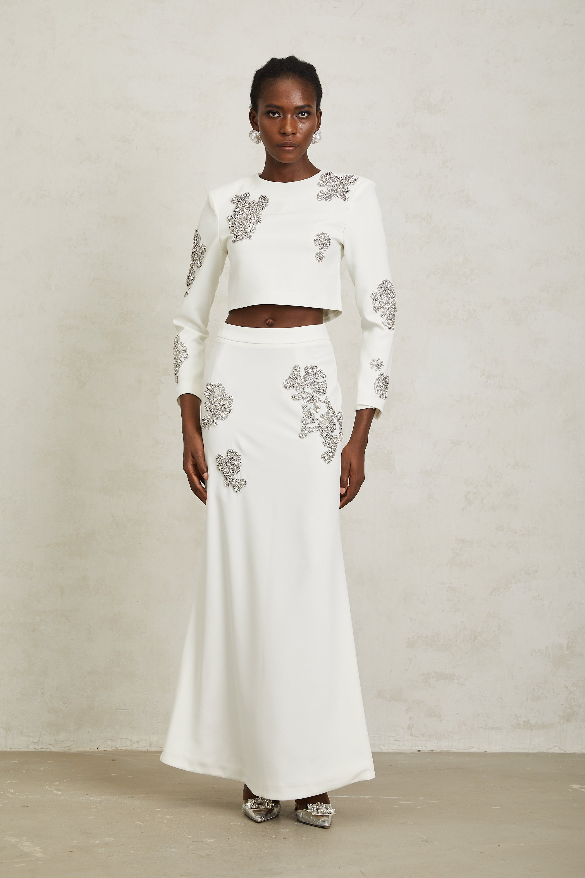 Luna White Crystal Embellished Top & Skirt Set - white