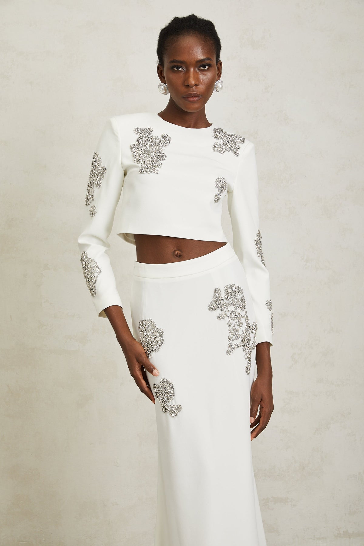 Luna White Crystal Embellished Top & Skirt Set