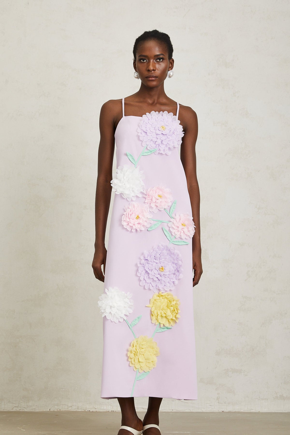 Véronique Purple 3D Petal Sleeveless Midi Dress
