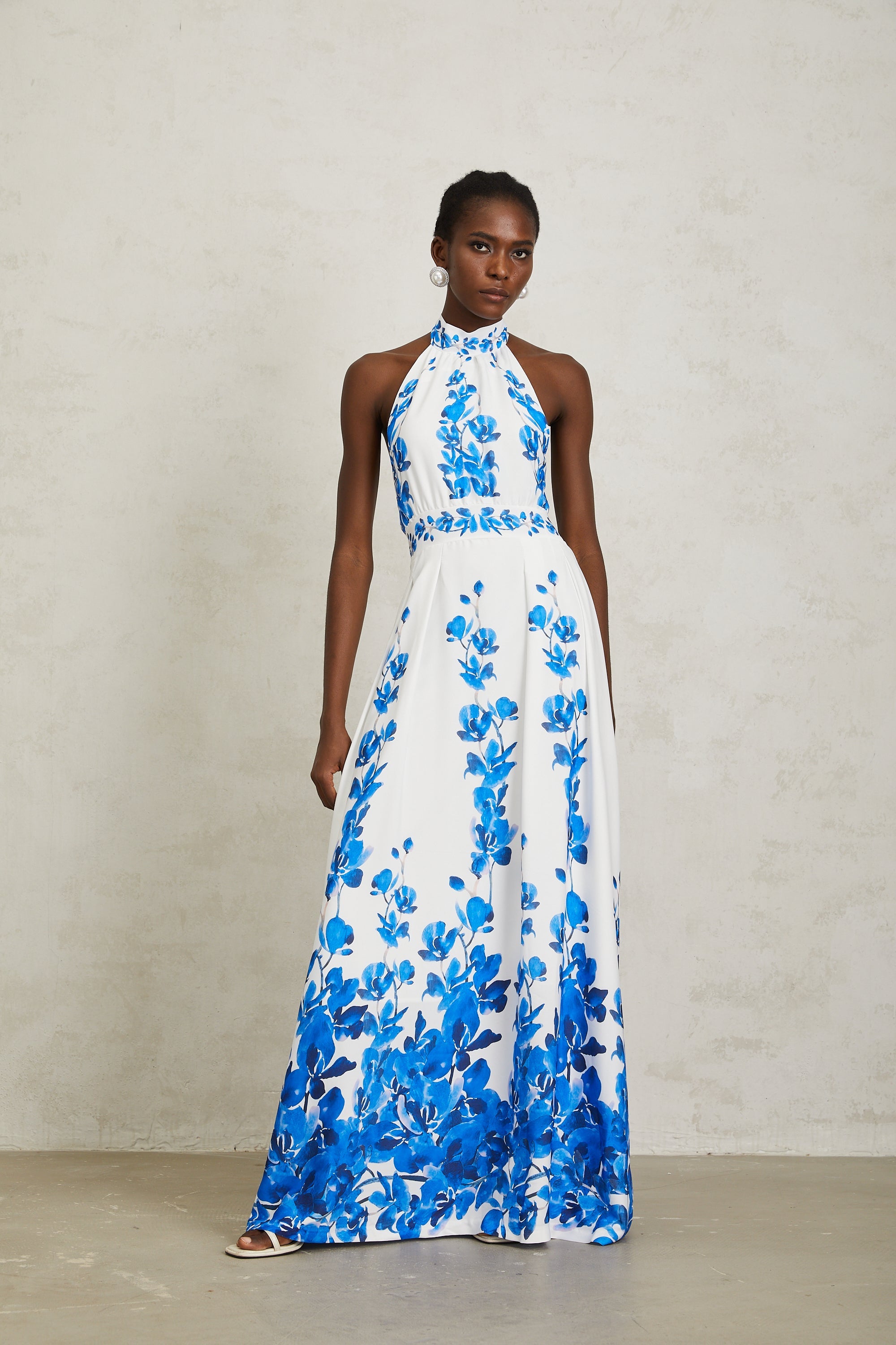 Lorena Blue Halterneck Floral Print Maxi Dress