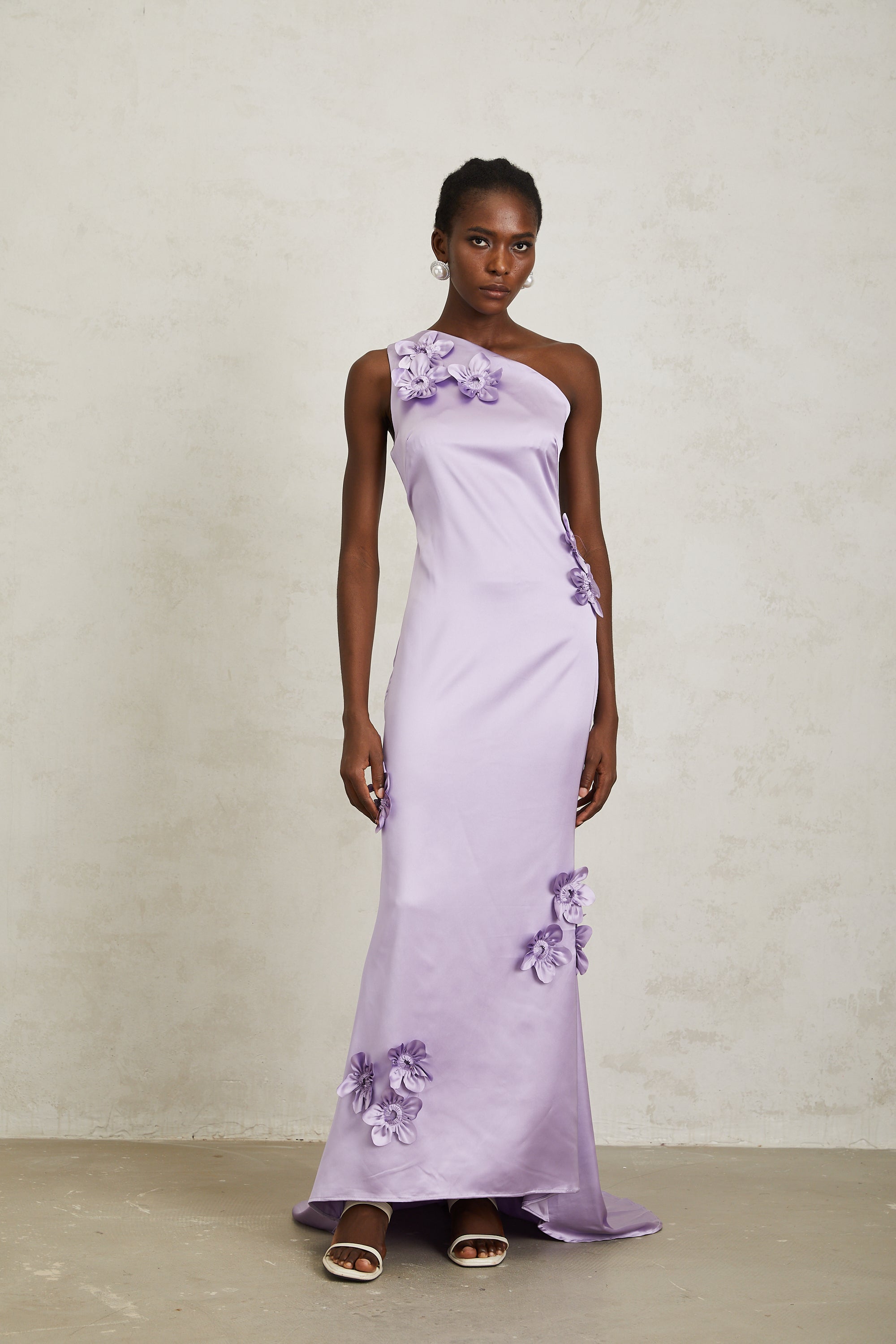 Magali Purple Mono Shoulder Floral Satin Maxi Dress