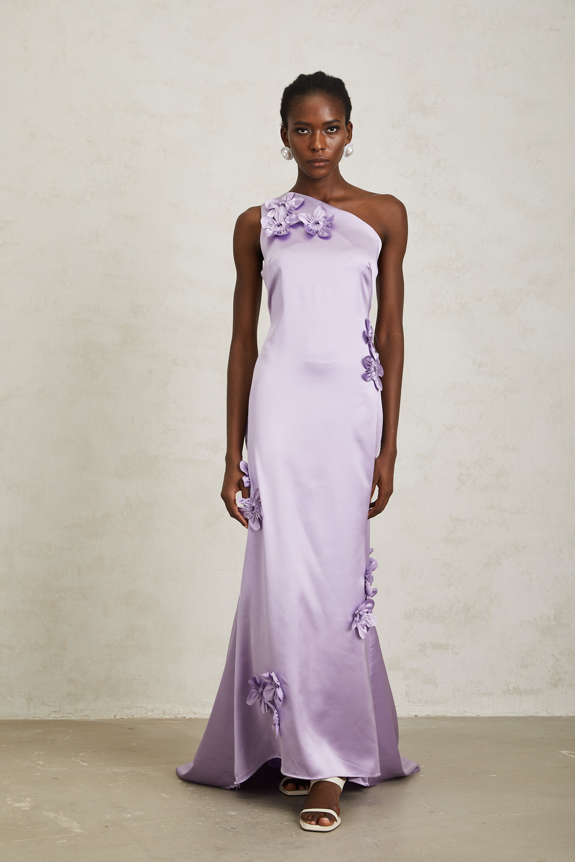 Magali Purple Mono Shoulder Floral Satin Maxi Dress