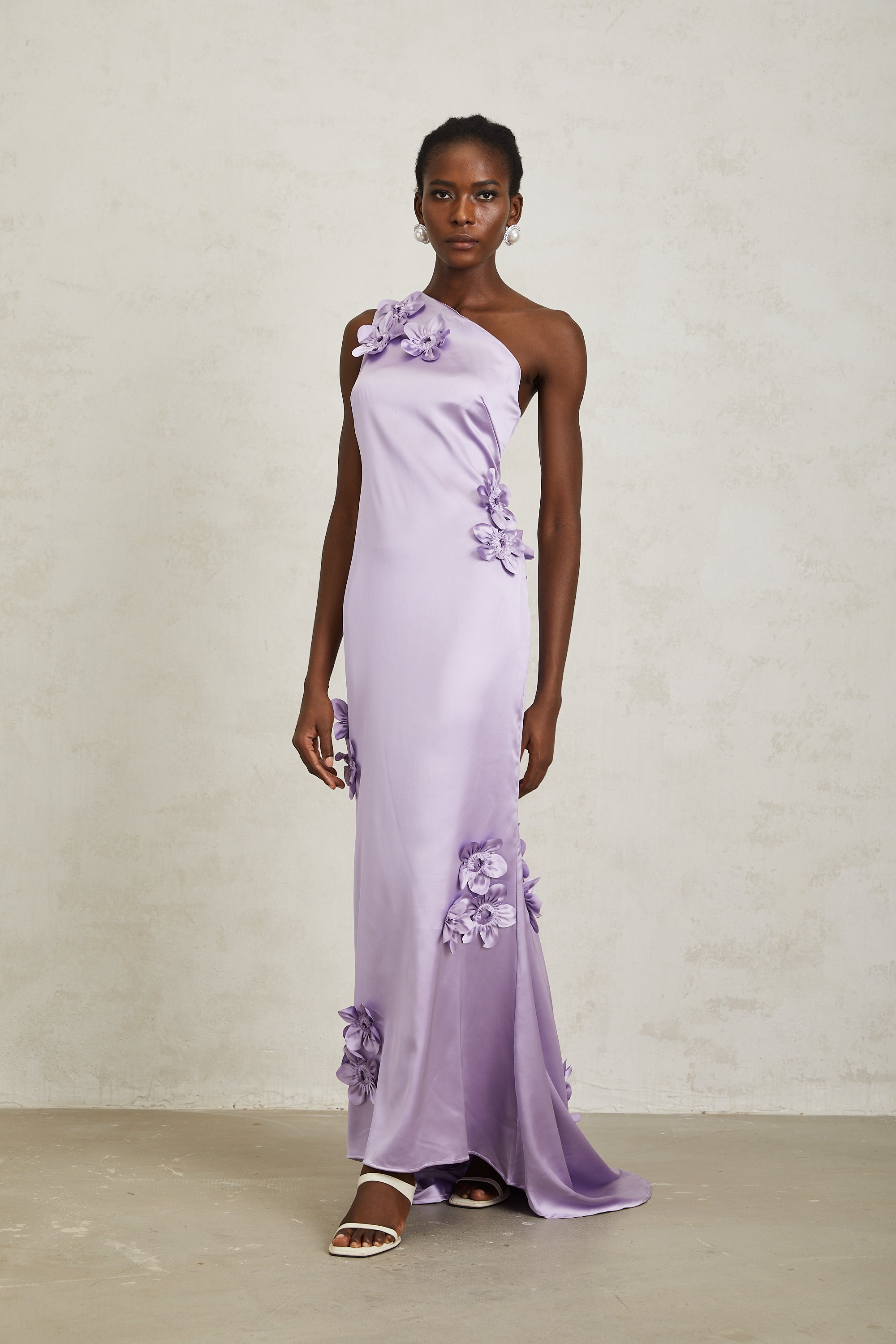 Magali Purple Mono Shoulder Floral Satin Maxi Dress