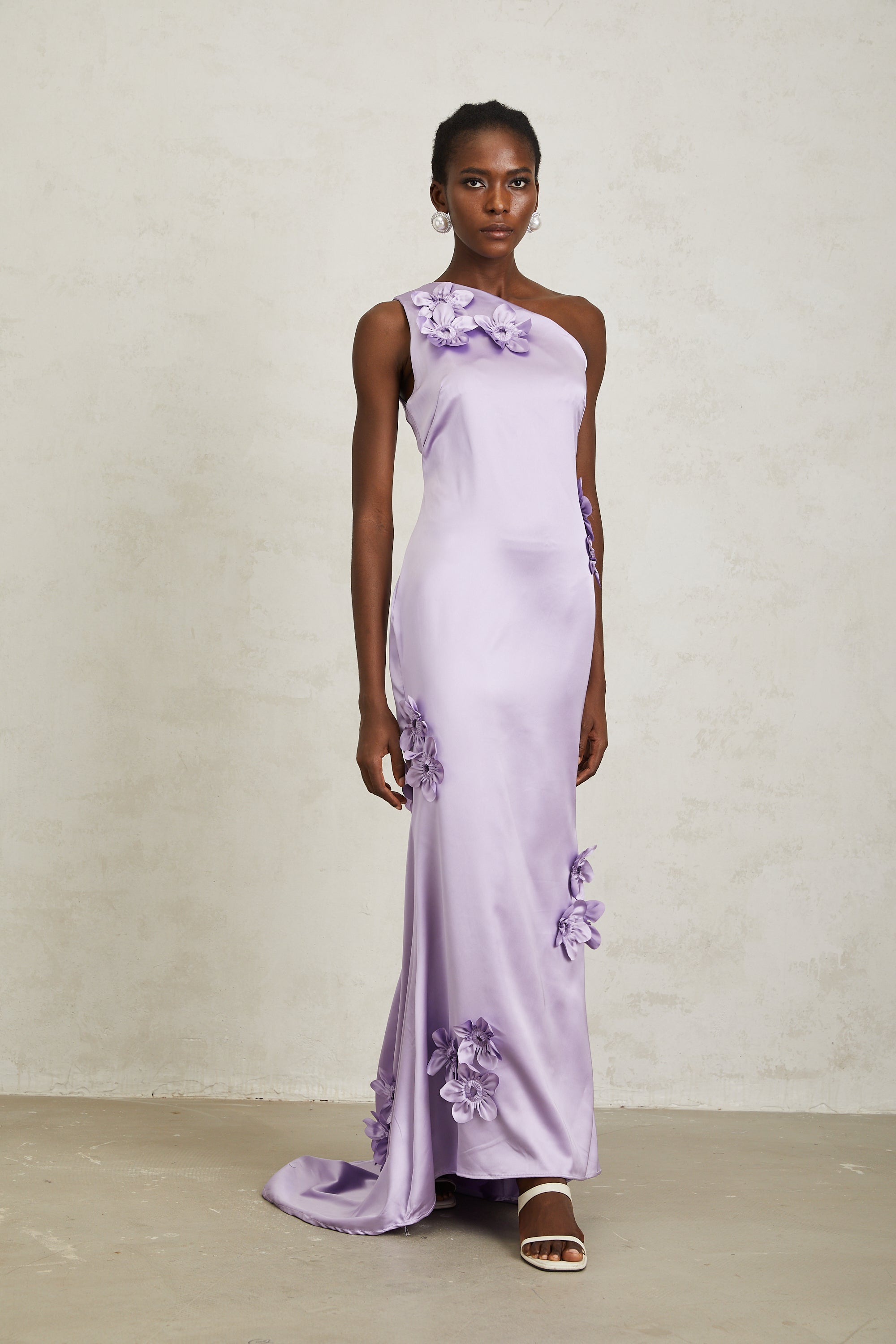 Magali Purple Mono Shoulder Floral Satin Maxi Dress