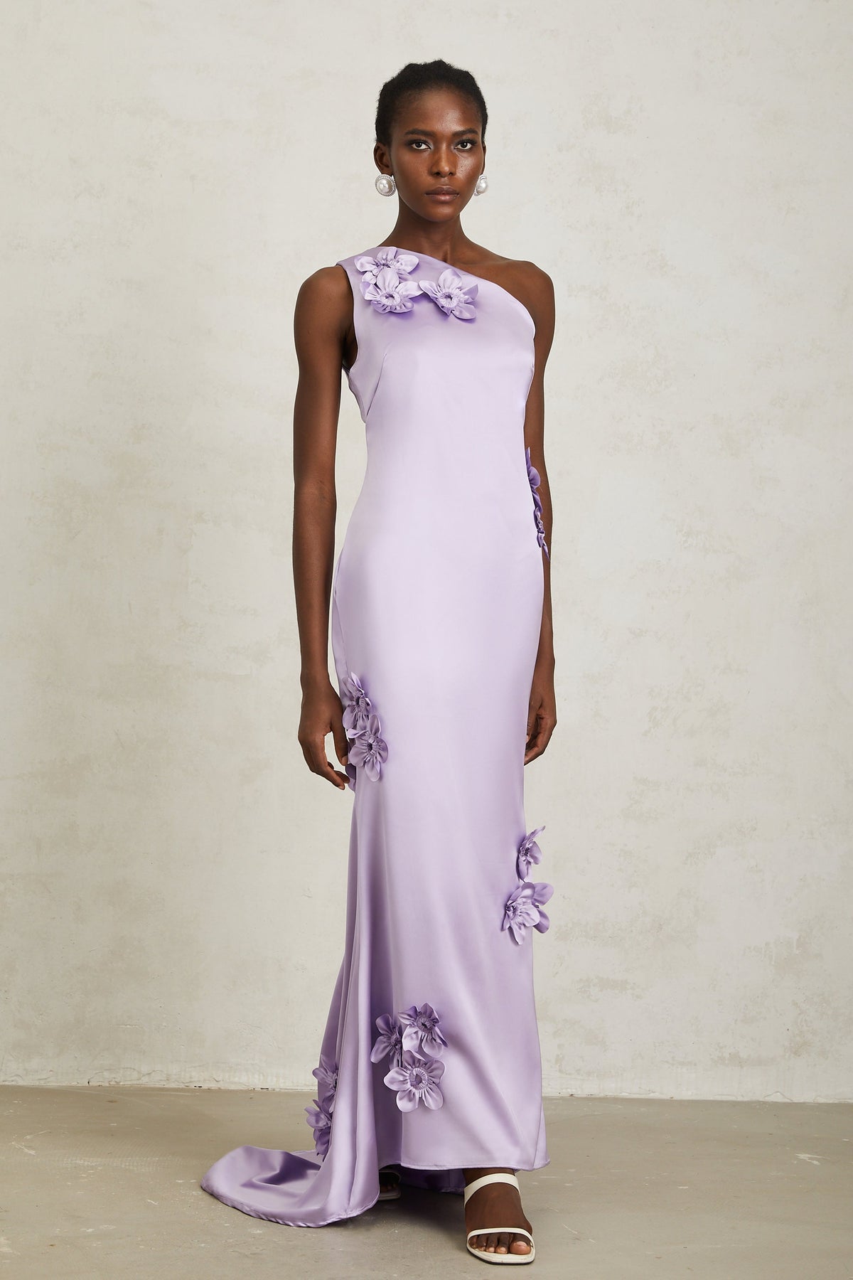 Magali Purple Mono Shoulder Floral Satin Maxi Dress