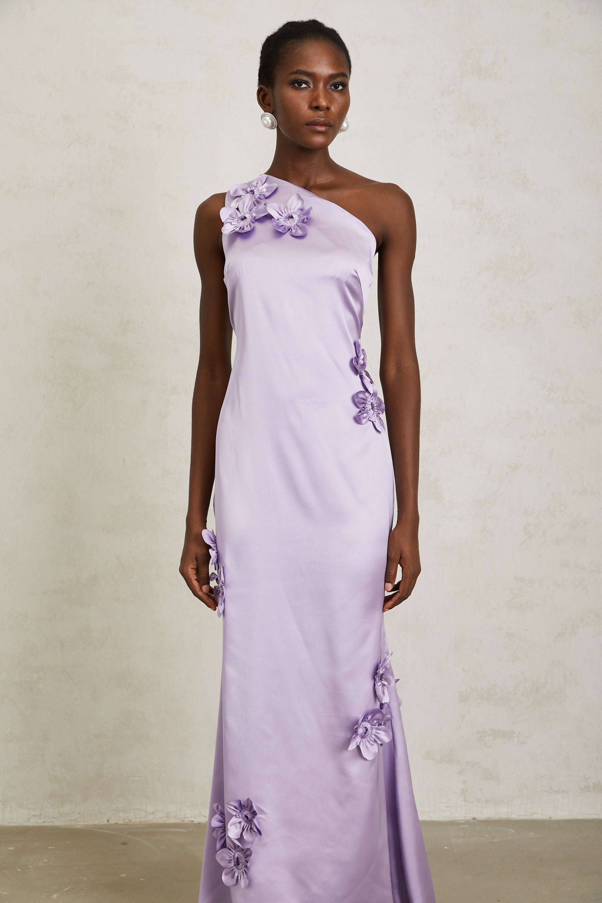 Magali Purple Mono Shoulder Floral Satin Maxi Dress