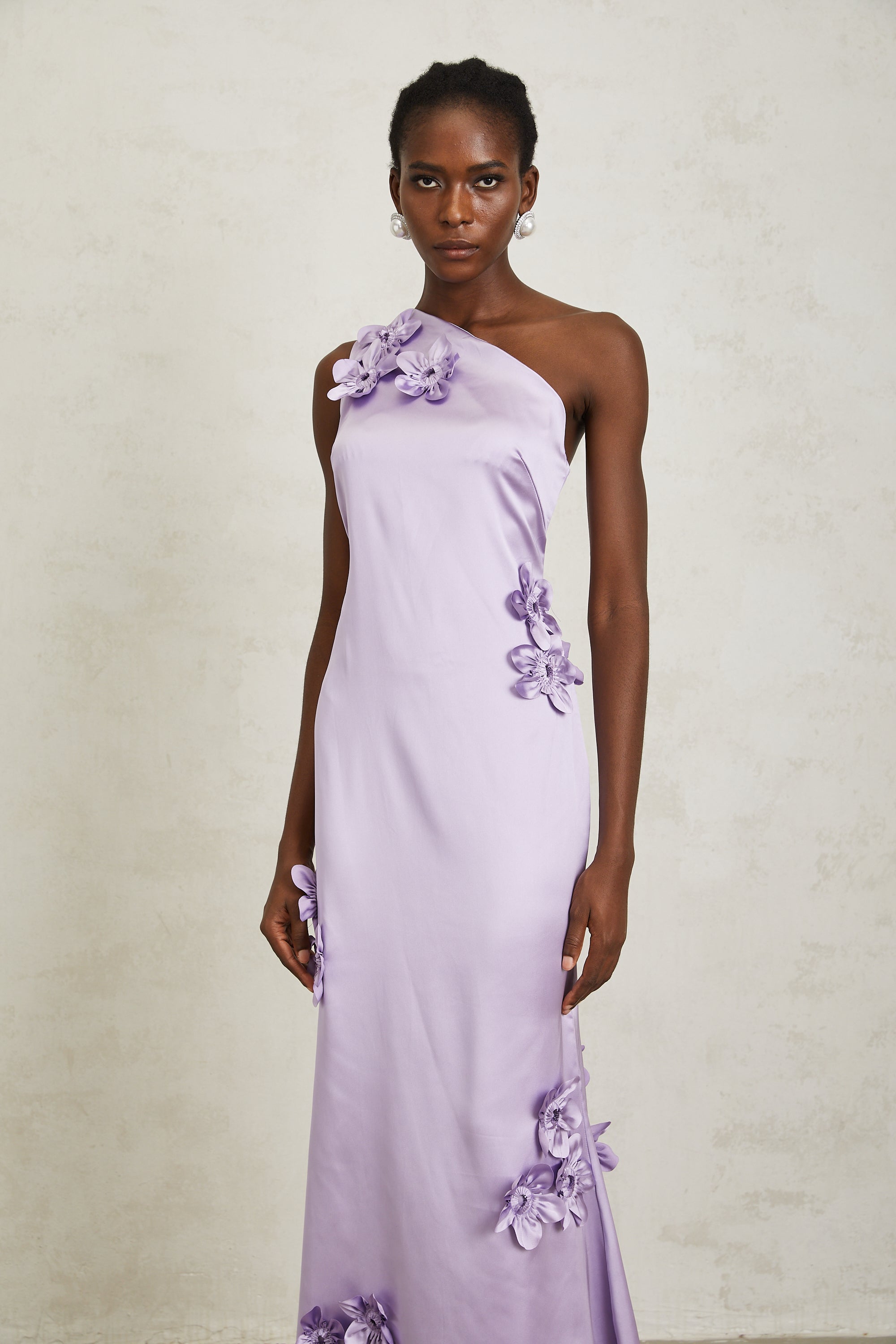 Magali Purple Mono Shoulder Floral Satin Maxi Dress