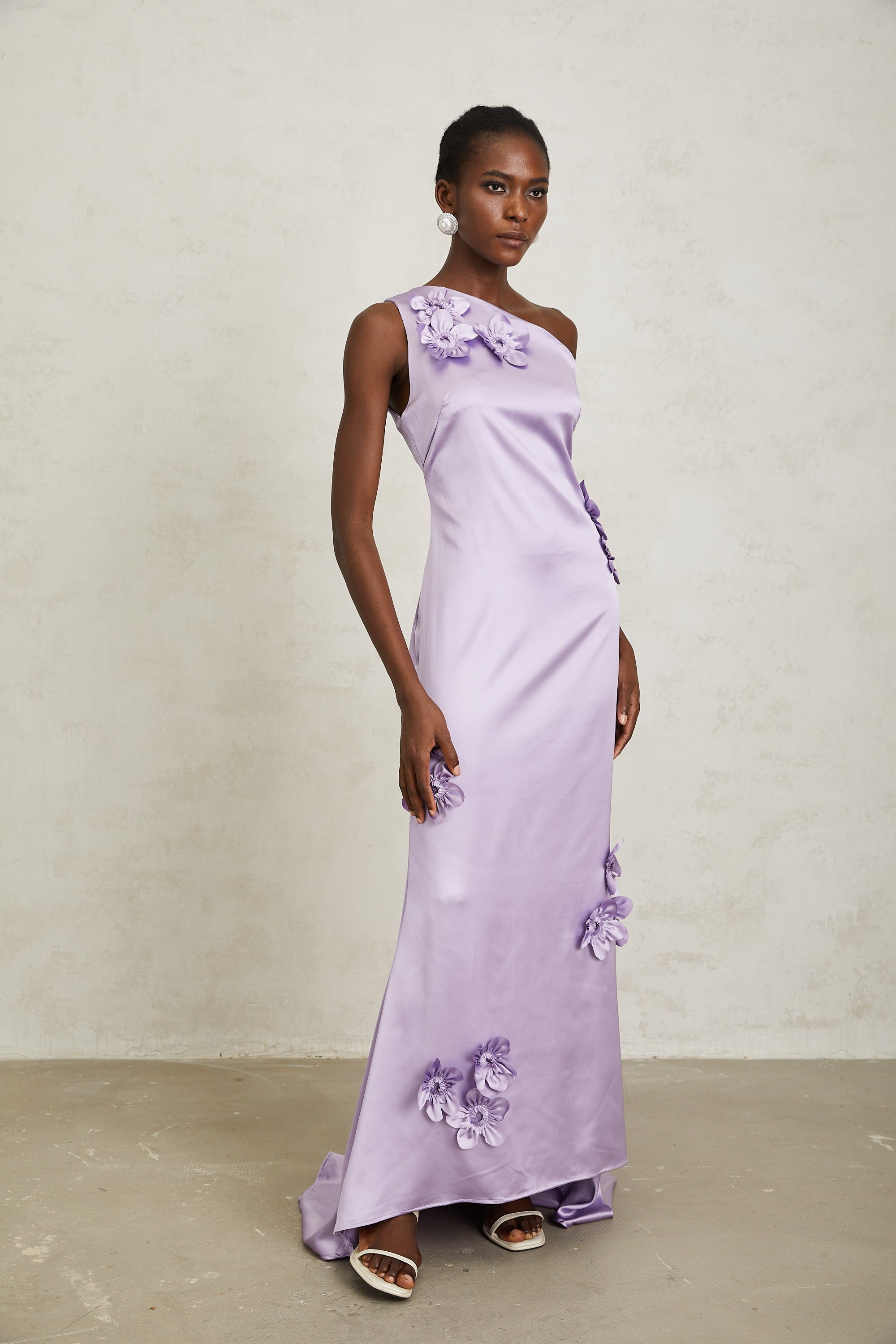 Magali Purple Mono Shoulder Floral Satin Maxi Dress