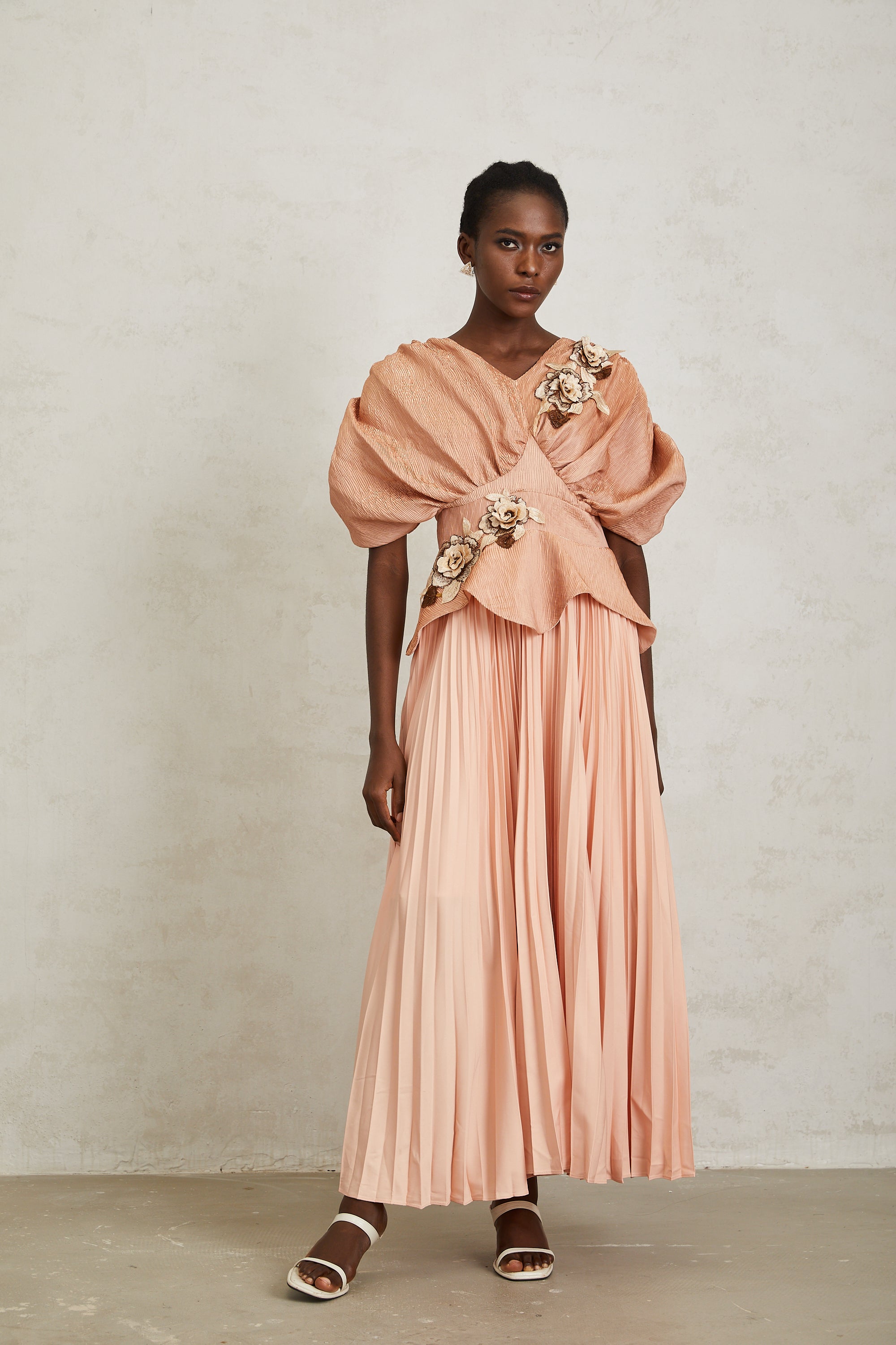 Camille Pink Floral Appliqué Pleated Maxi Dress (Final Sale-US Only)