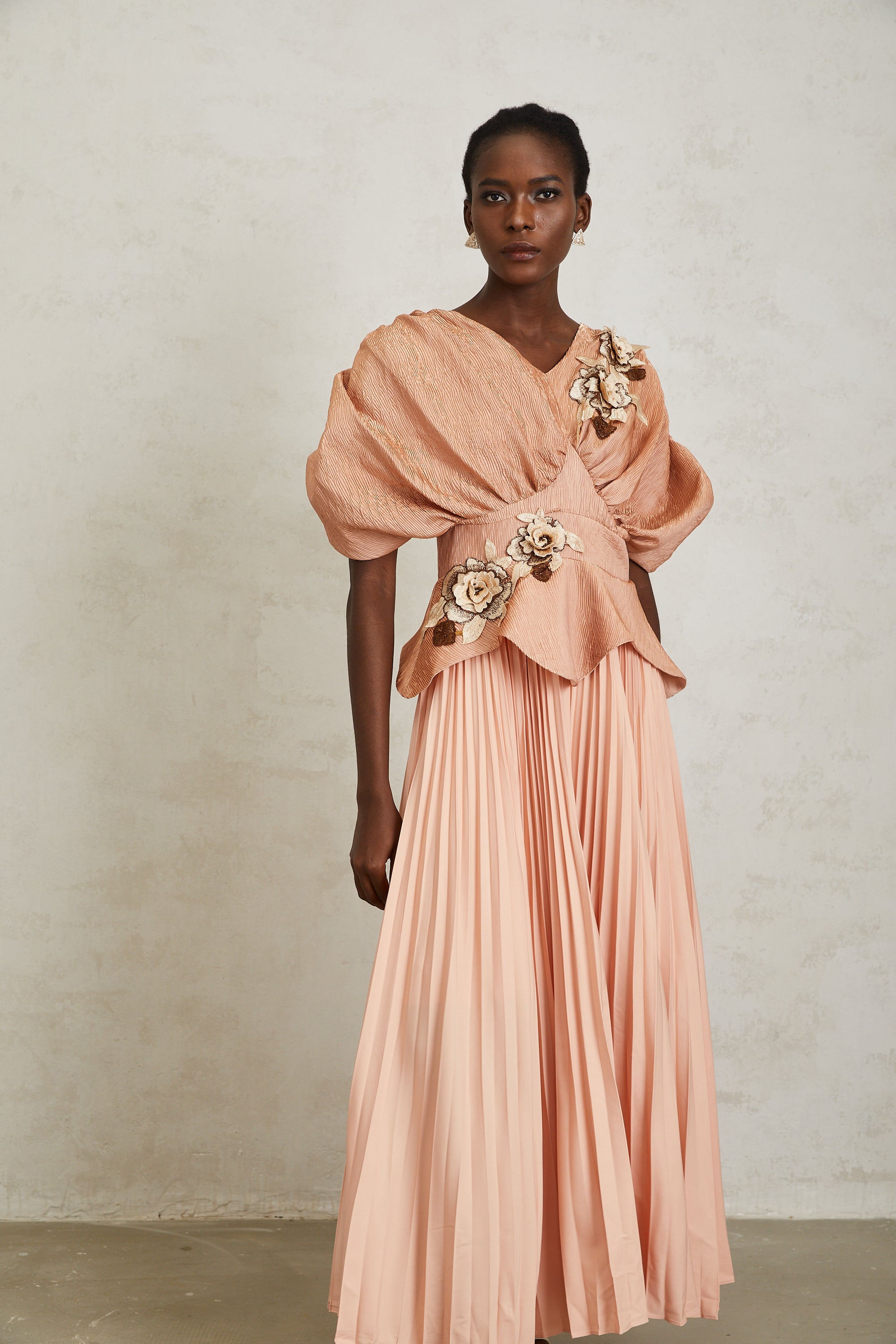 Camille Pink Floral Appliqué Pleated Maxi Dress (Final Sale-US Only)