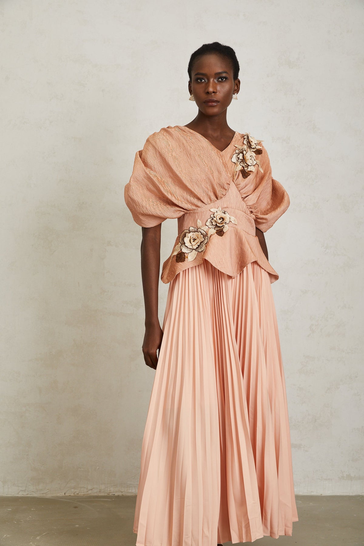 Camille Pink Floral Appliqué Pleated Maxi Dress (Final Sale-US Only)