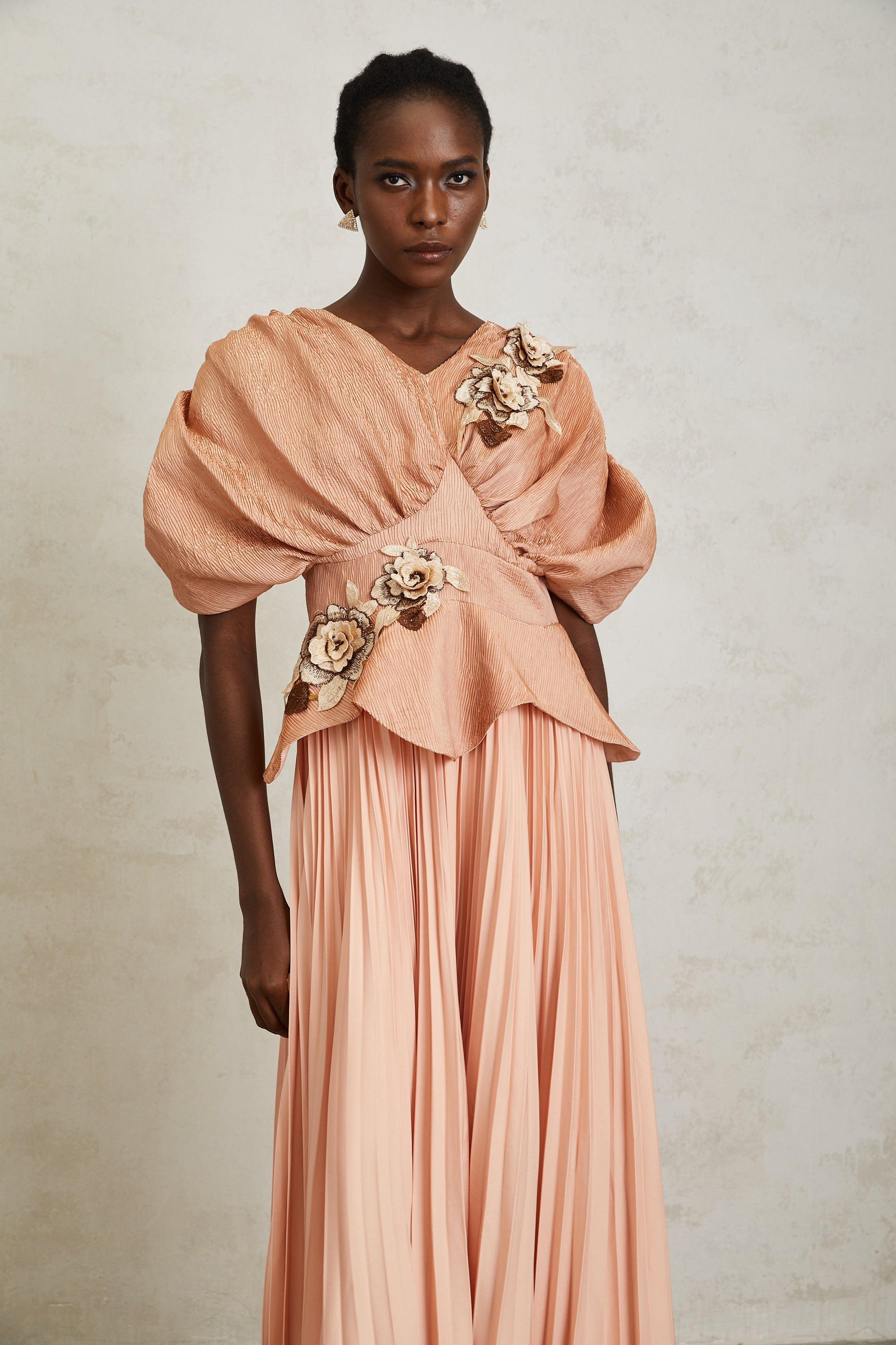 Camille Pink Floral Appliqué Pleated Maxi Dress (Final Sale-US Only)