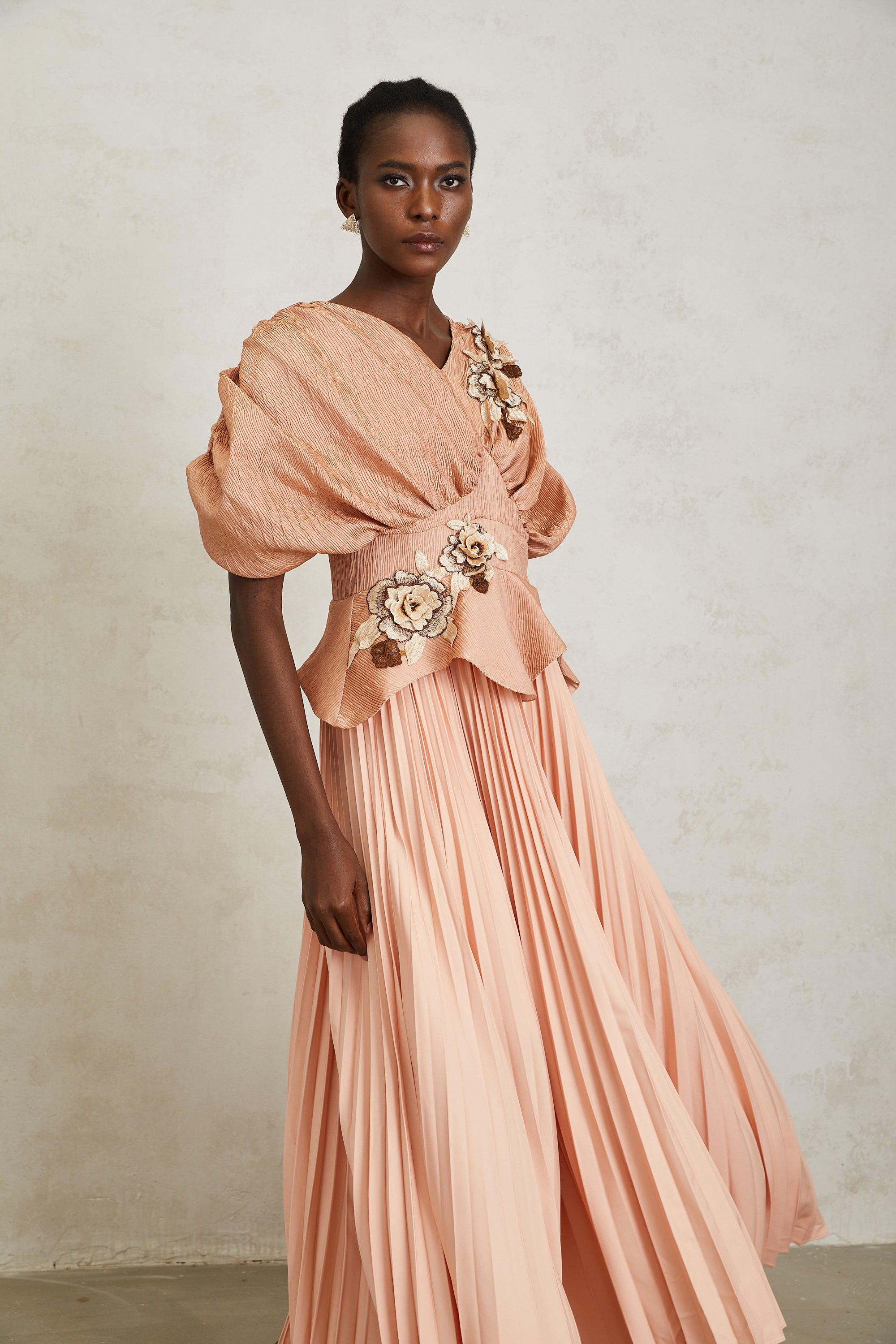 Camille Pink Floral Appliqué Pleated Maxi Dress (Final Sale-US Only)