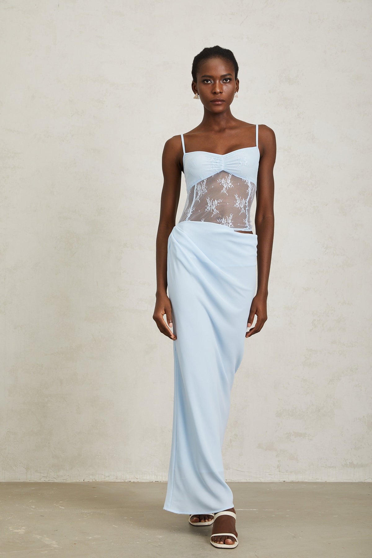 Maëlys Blue Floral Lace Panel Bustier Maxi Dress (Final Sale)