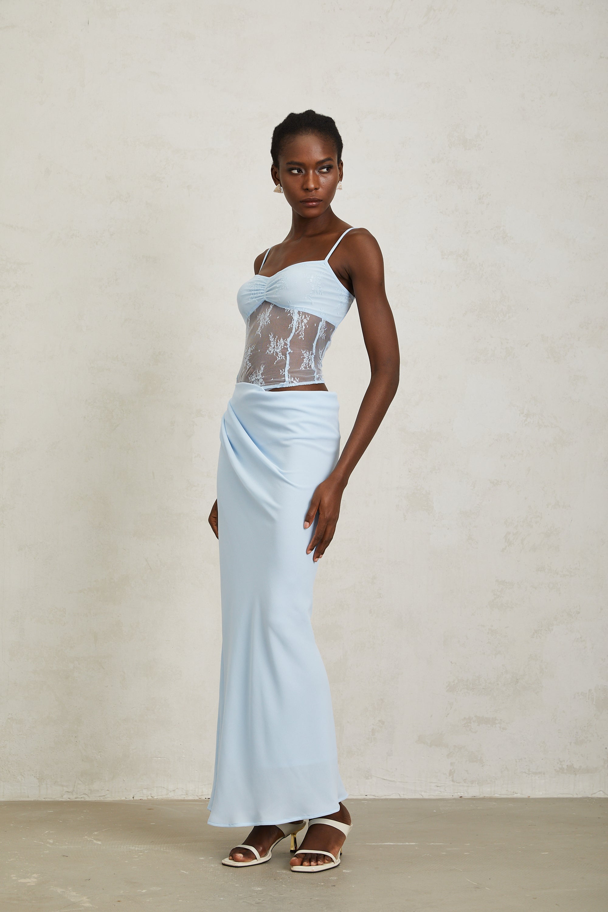 Maëlys Blue Floral Lace Panel Bustier Maxi Dress (Final Sale)