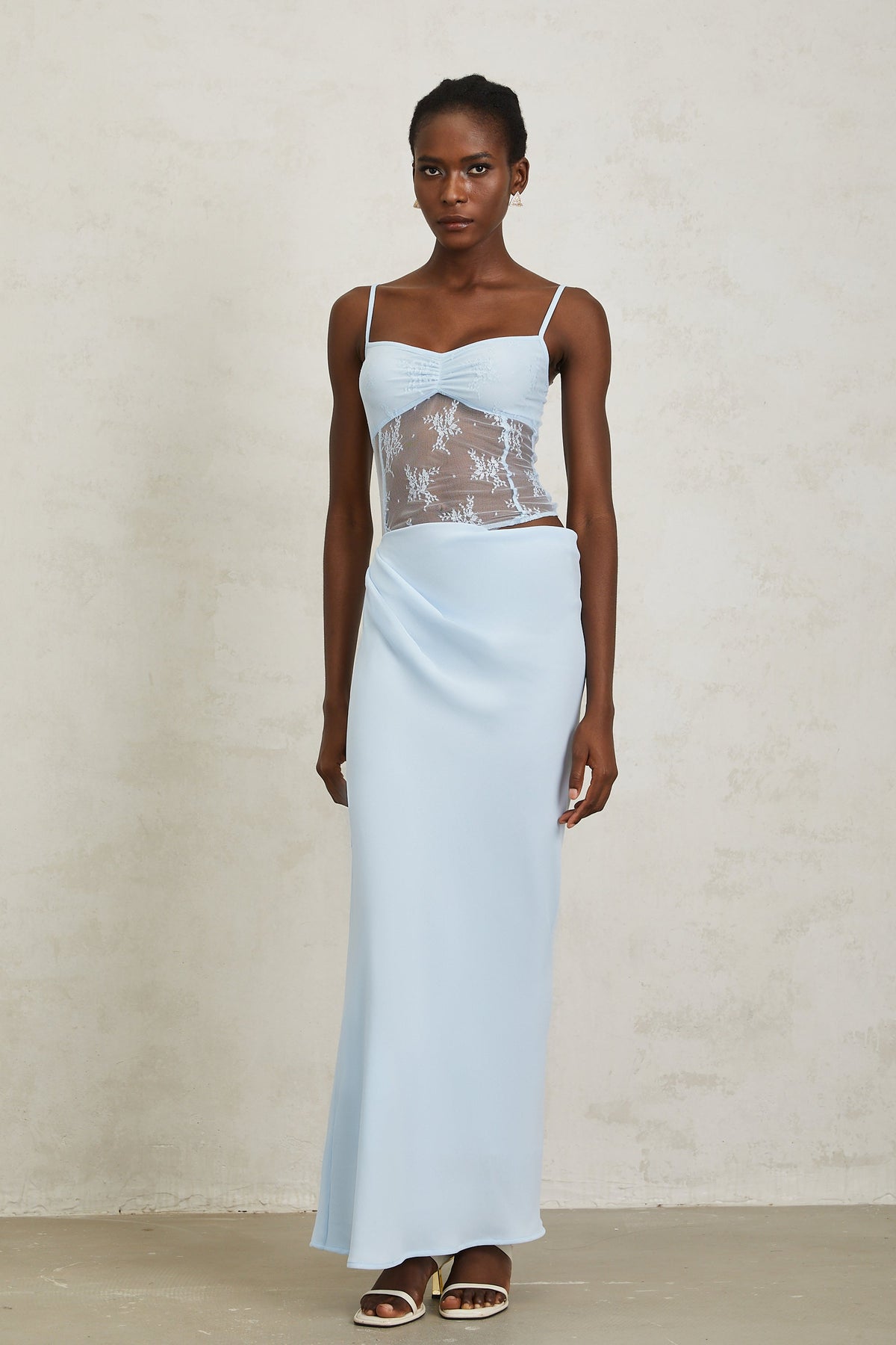 Maëlys Blue Floral Lace Panel Bustier Maxi Dress (Final Sale)