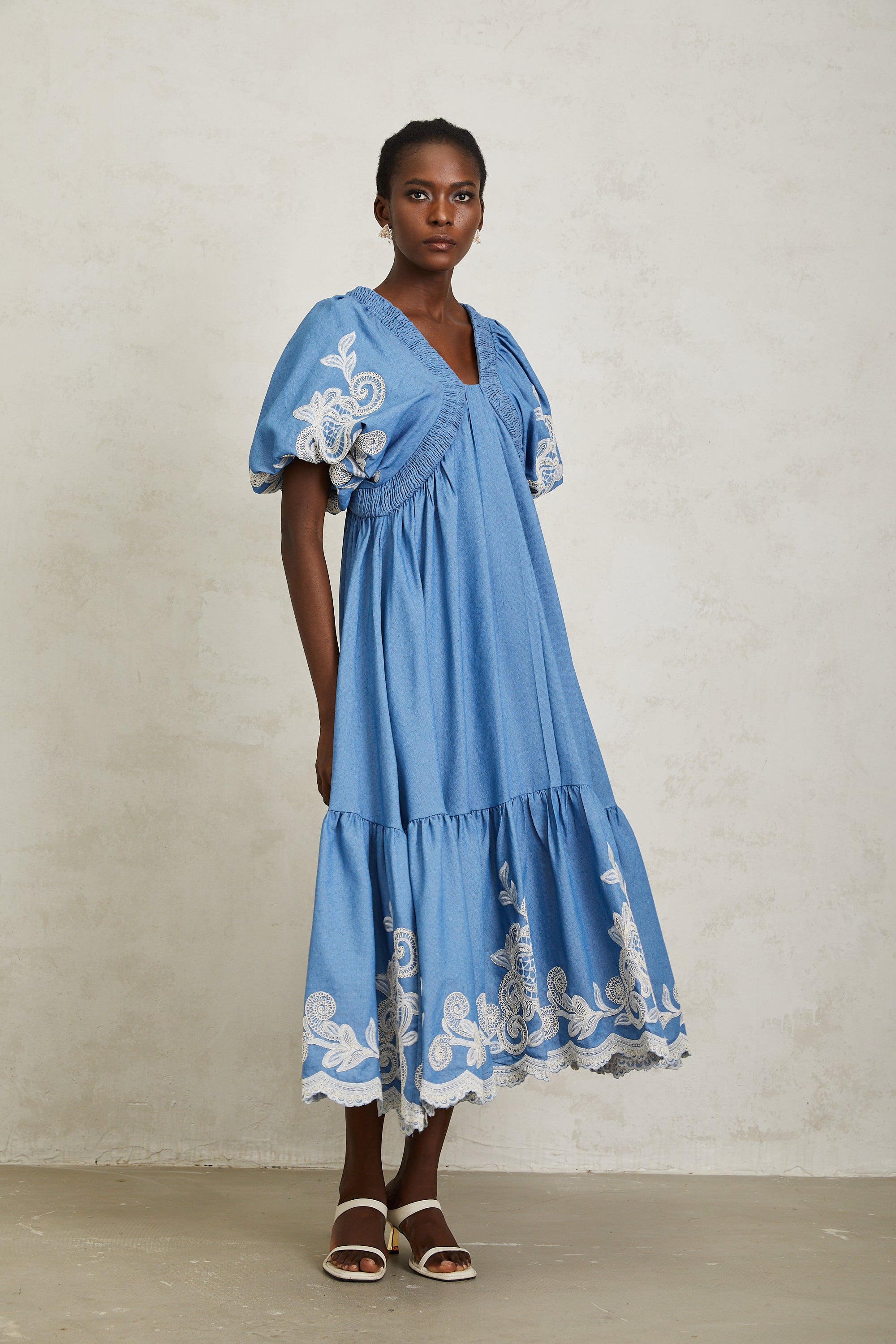 Héloïse Blue Floral Embroidered Shirred Midi Dress