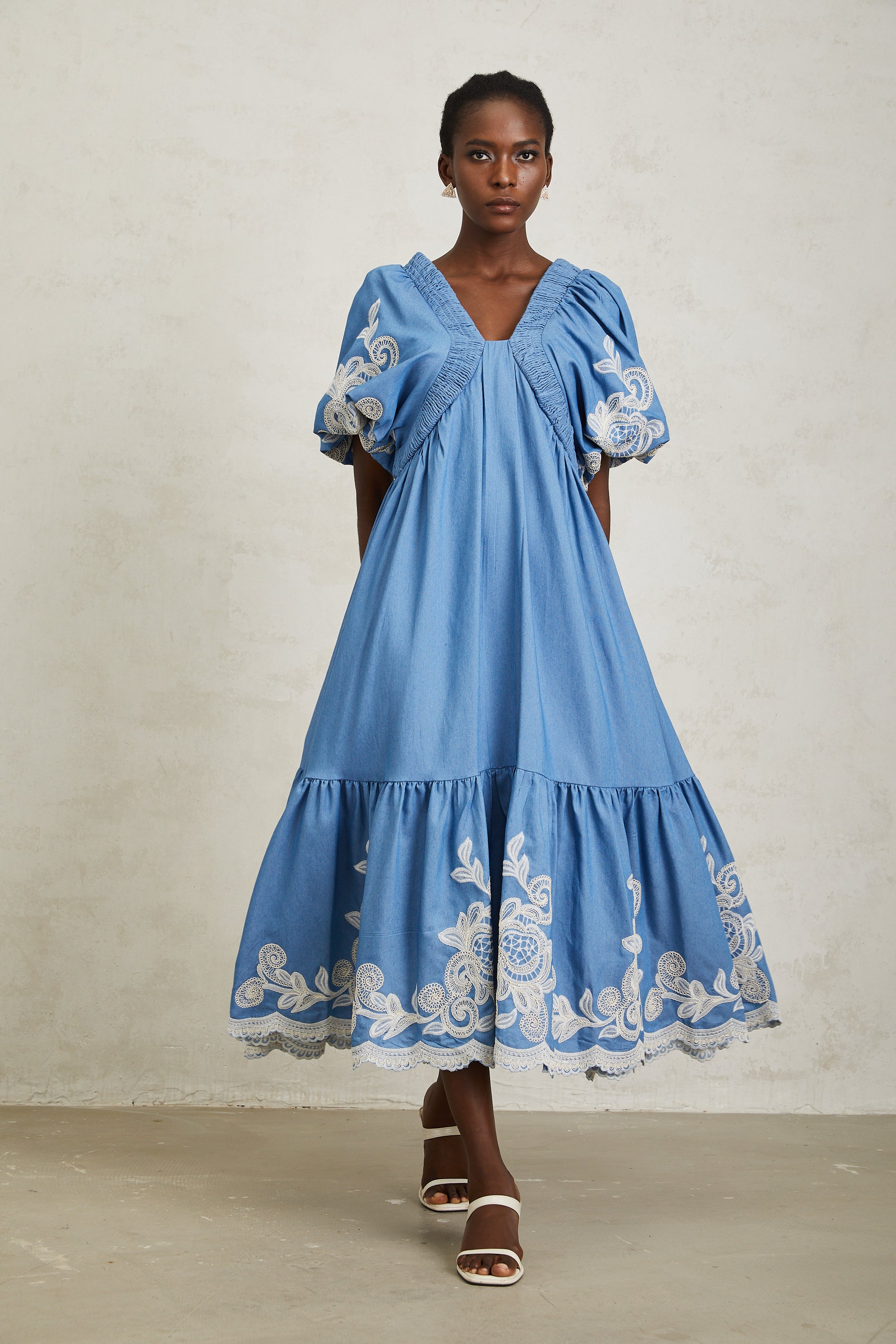 Héloïse Blue Floral Embroidered Shirred Midi Dress