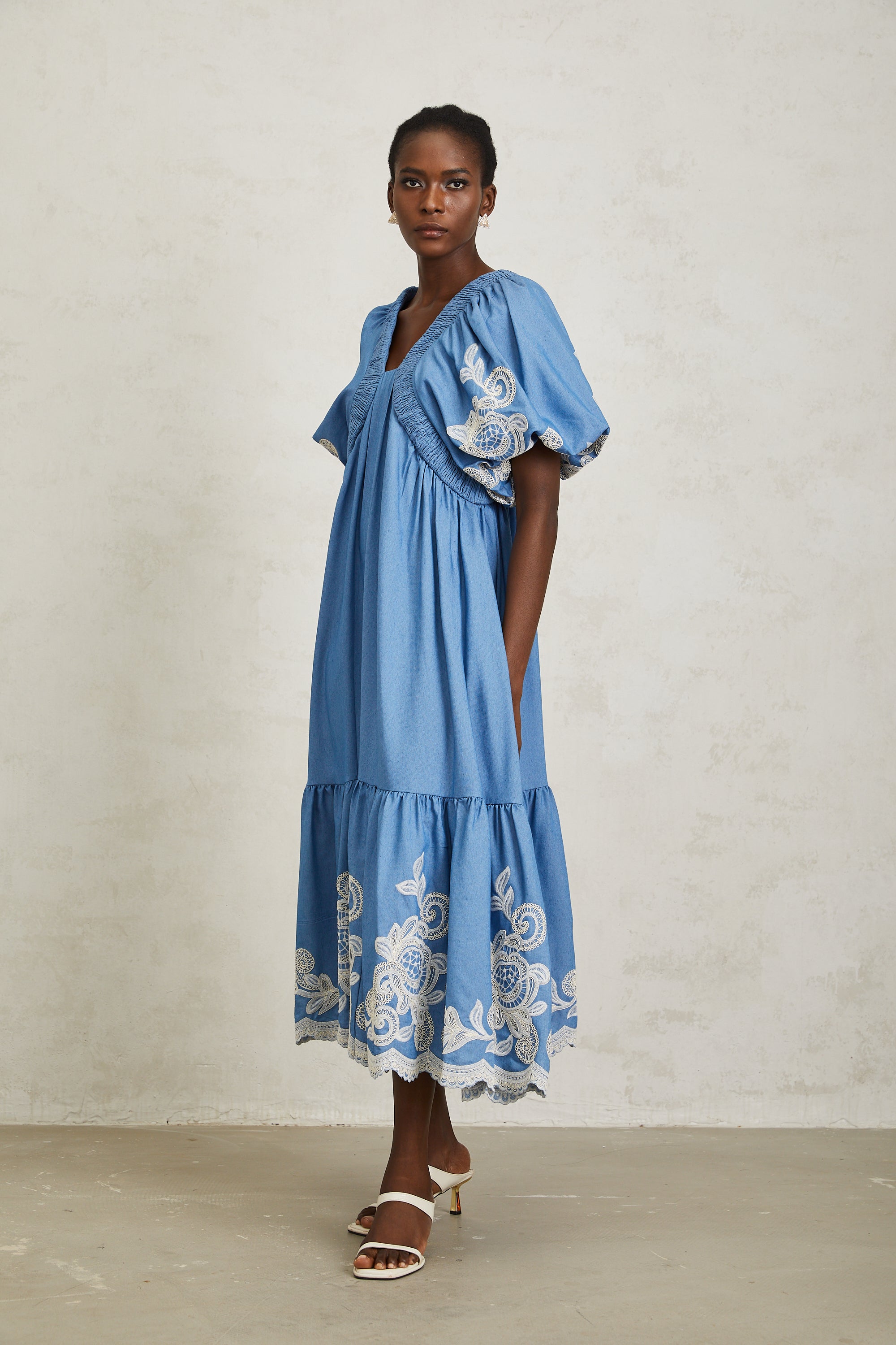 Héloïse Blue Floral Embroidered Shirred Midi Dress