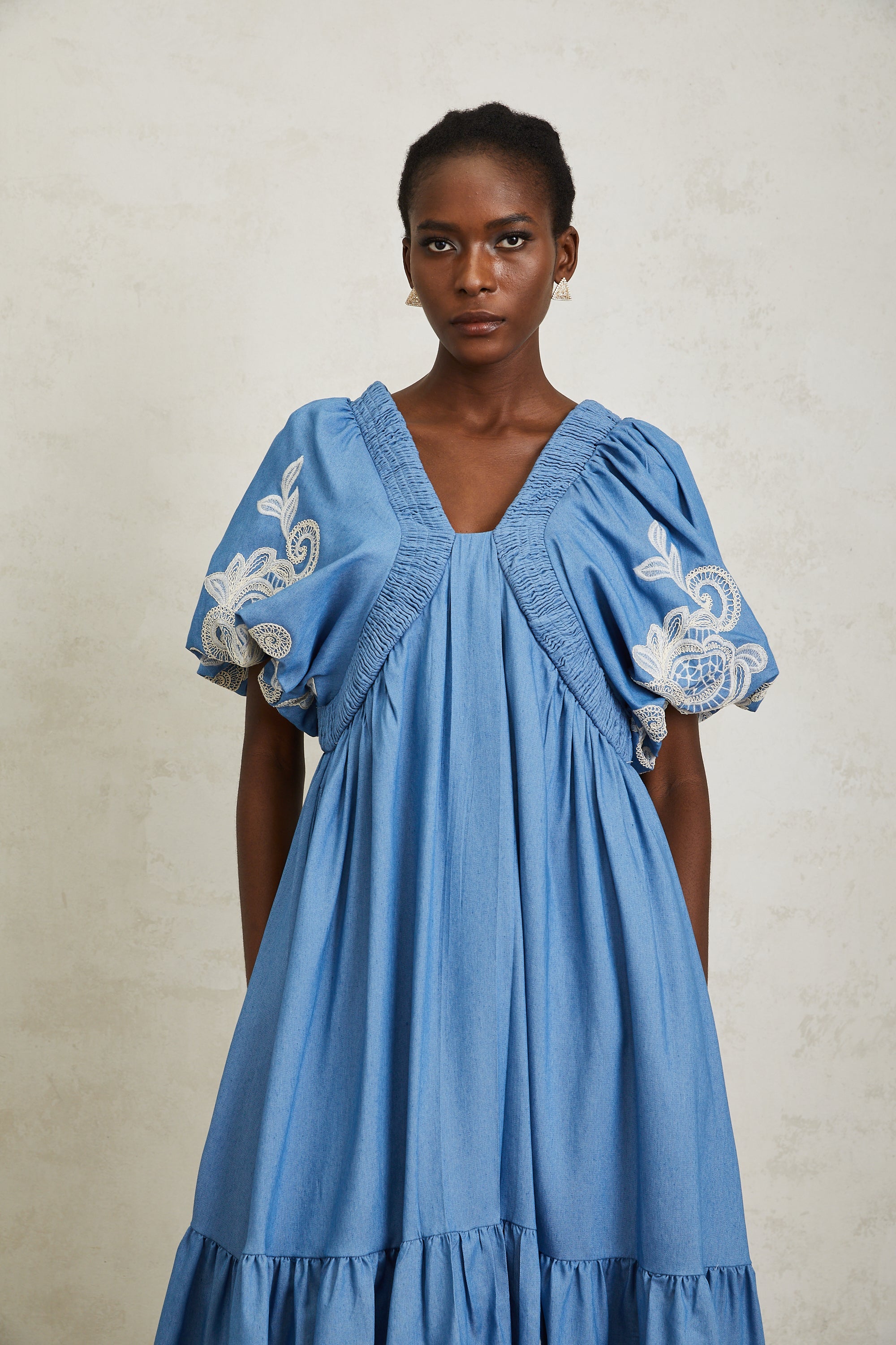 Héloïse Blue Floral Embroidered Shirred Midi Dress