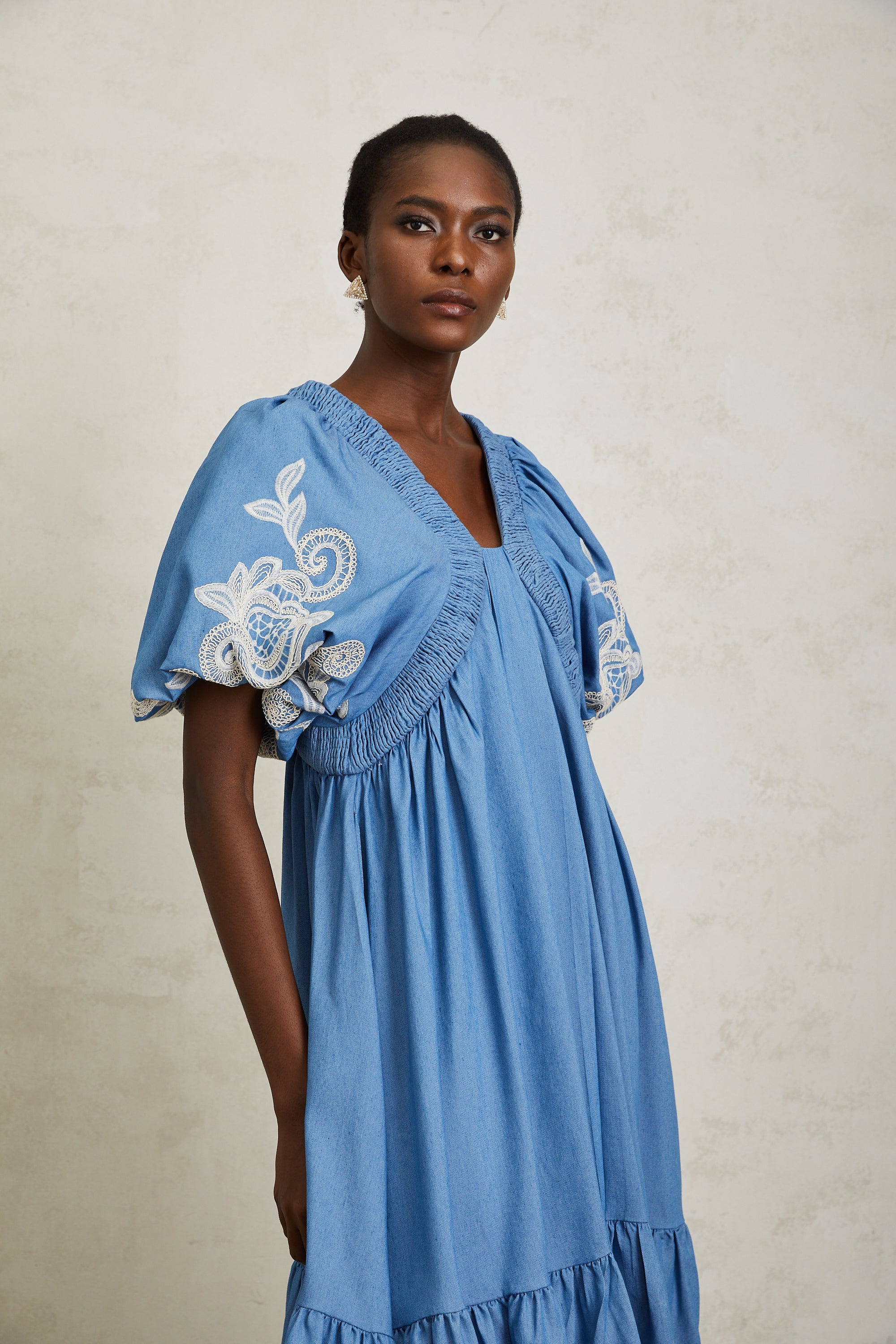 Héloïse Blue Floral Embroidered Shirred Midi Dress