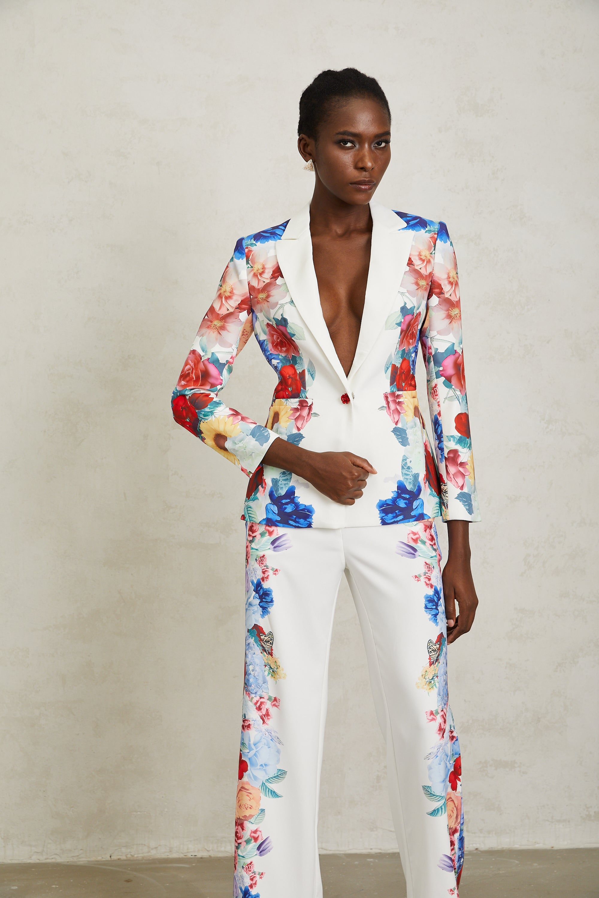 Lison White Floral Print Blazer & Trousers Set
