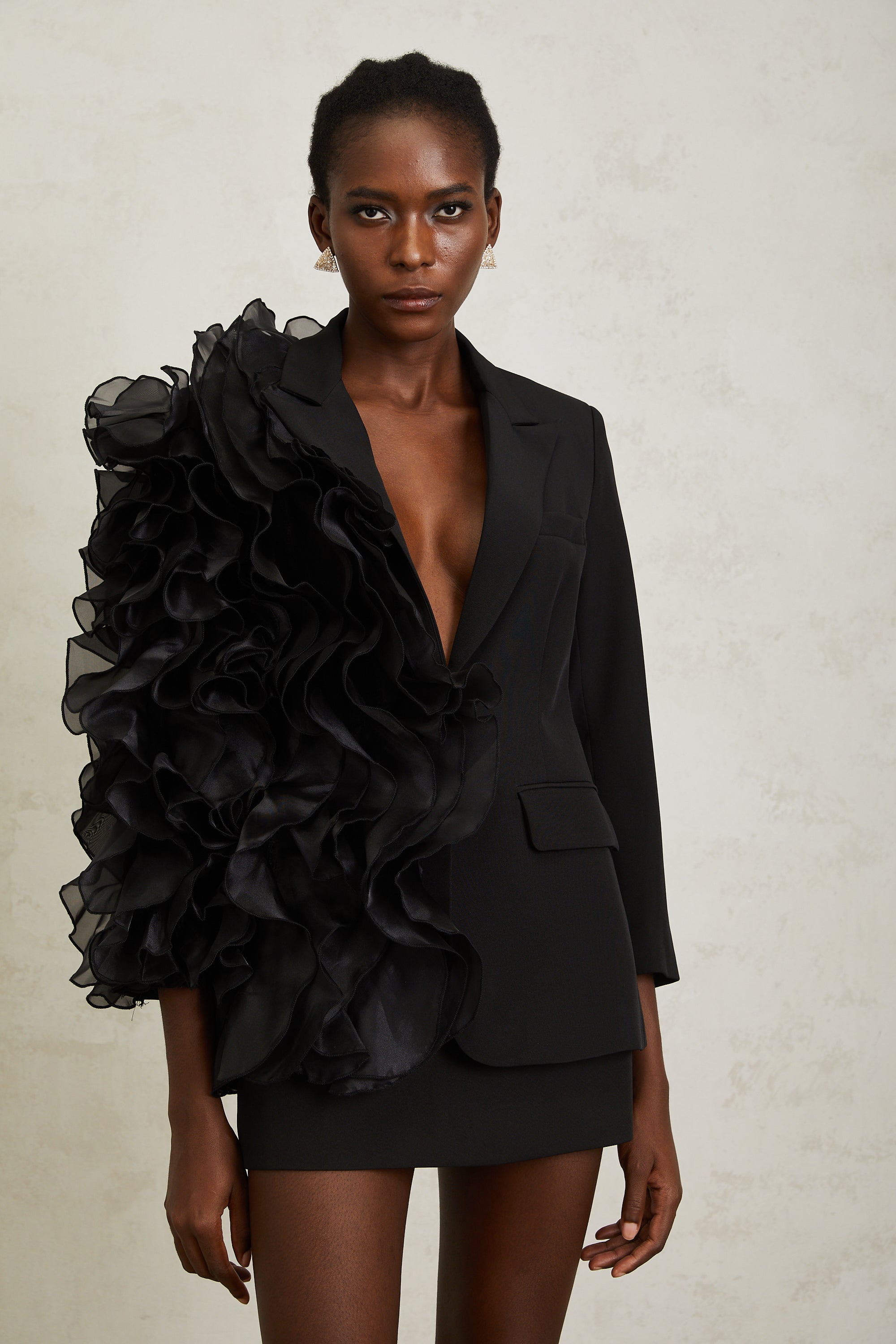 Justine Black Ruffled Tulle Panel Blazer