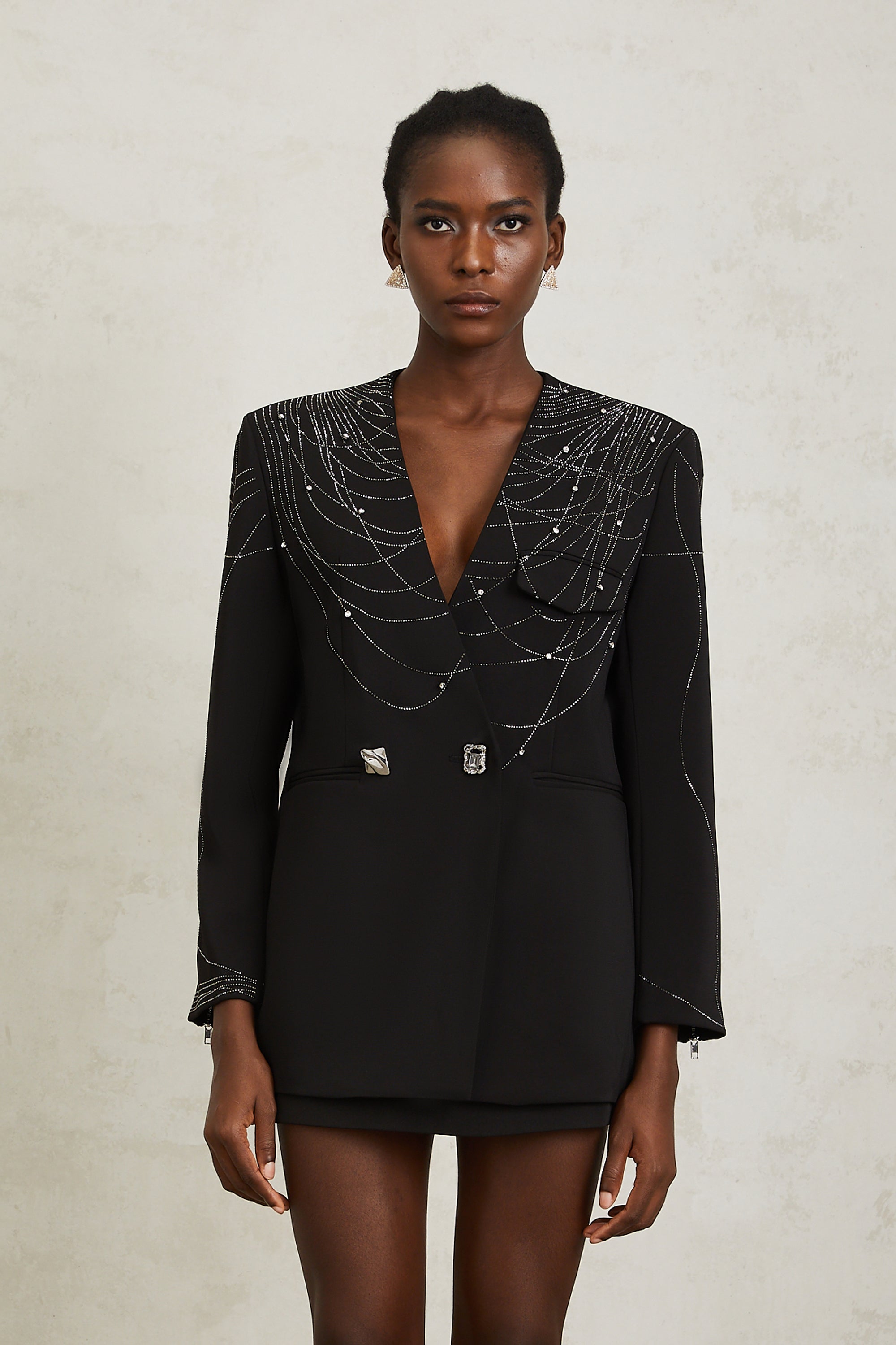 Nolwenn Black Web Pattern Rhinestone Blazer - black