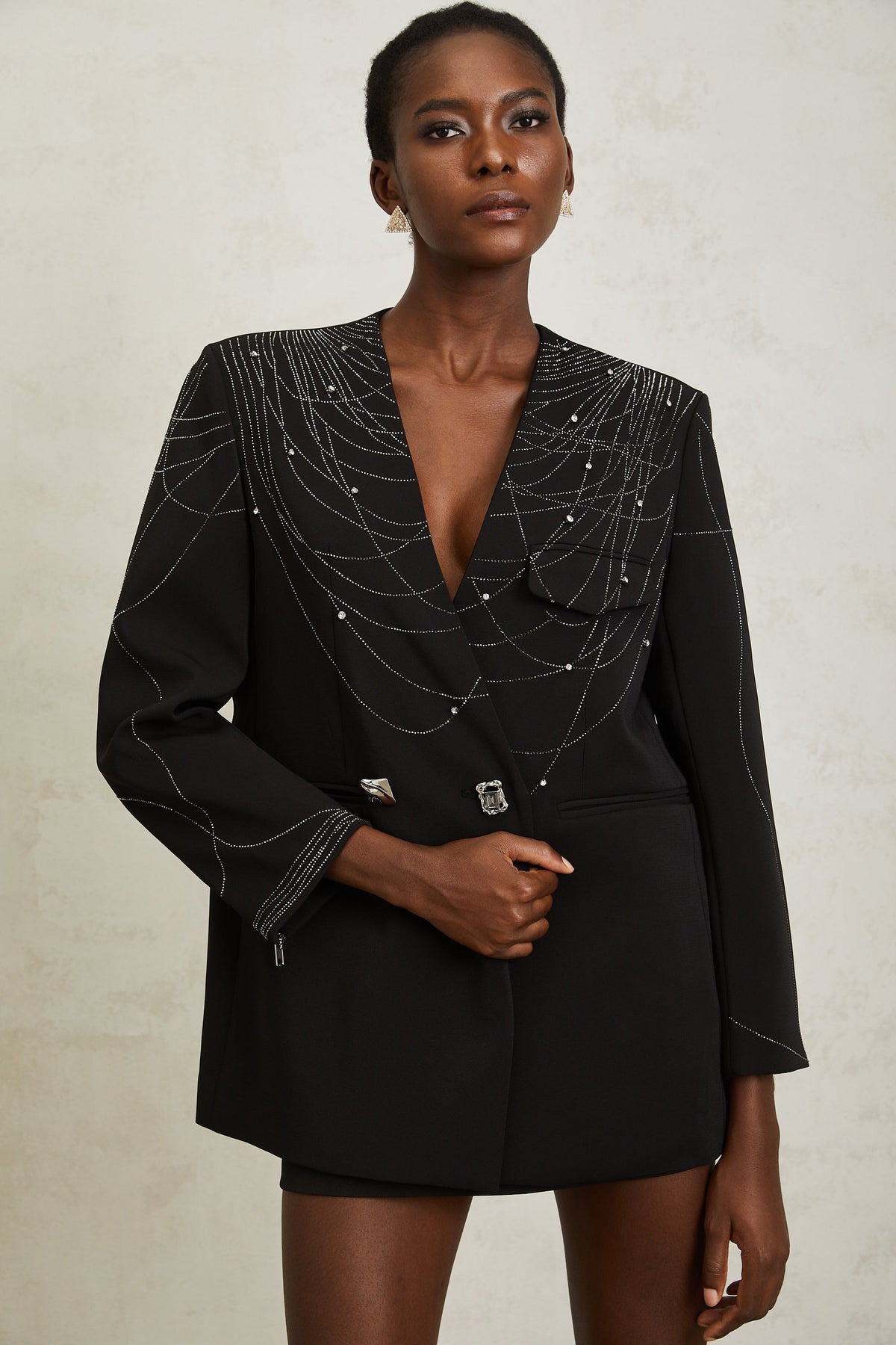 Nolwenn Black Web Pattern Rhinestone Blazer - black