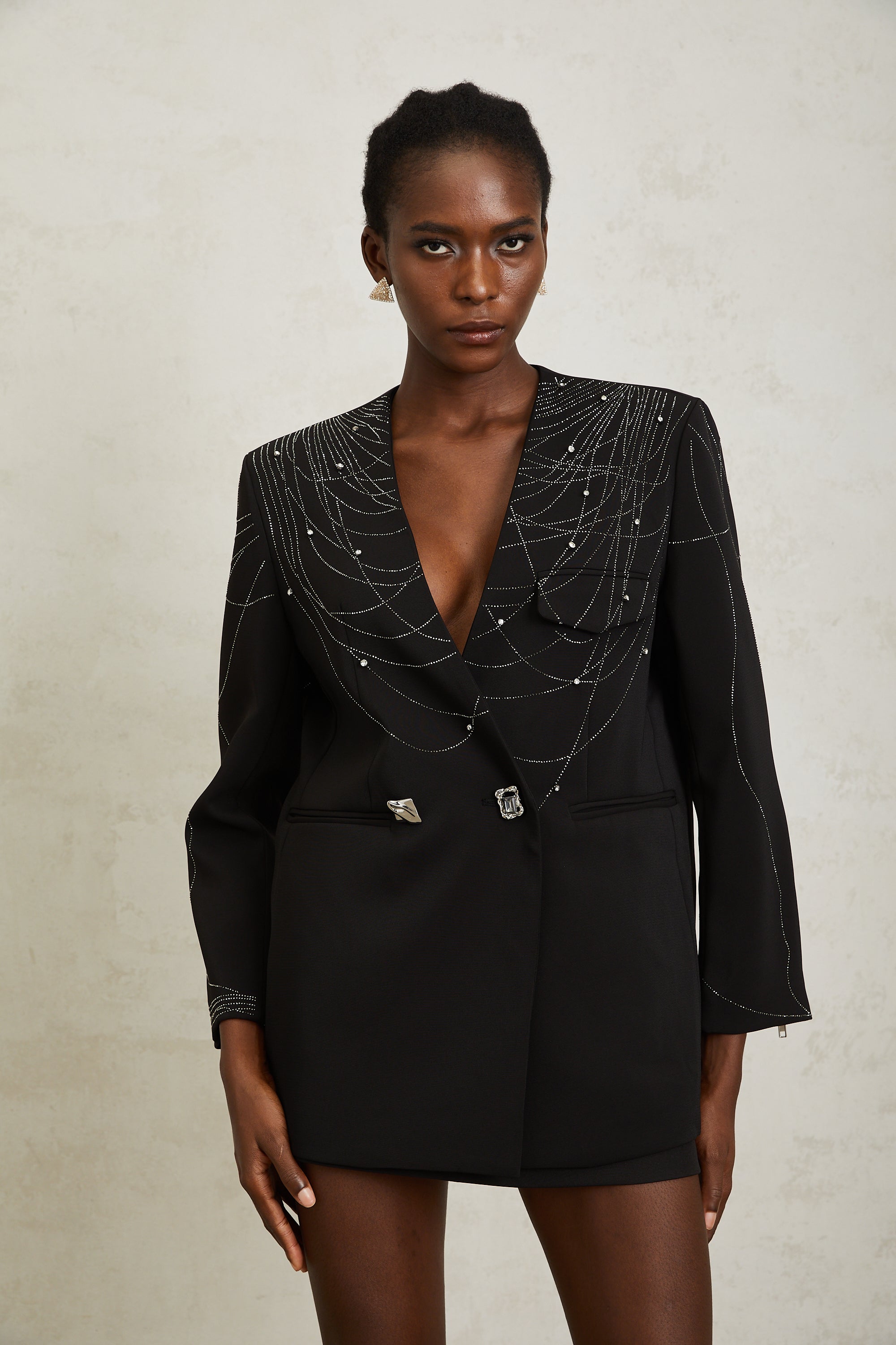 Nolwenn Black Web Pattern Rhinestone Blazer - black