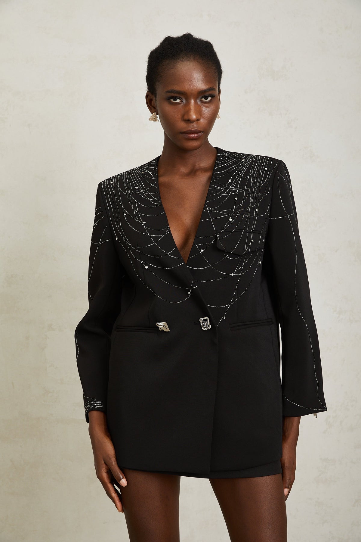 Nolwenn Black Web Pattern Rhinestone Blazer - black
