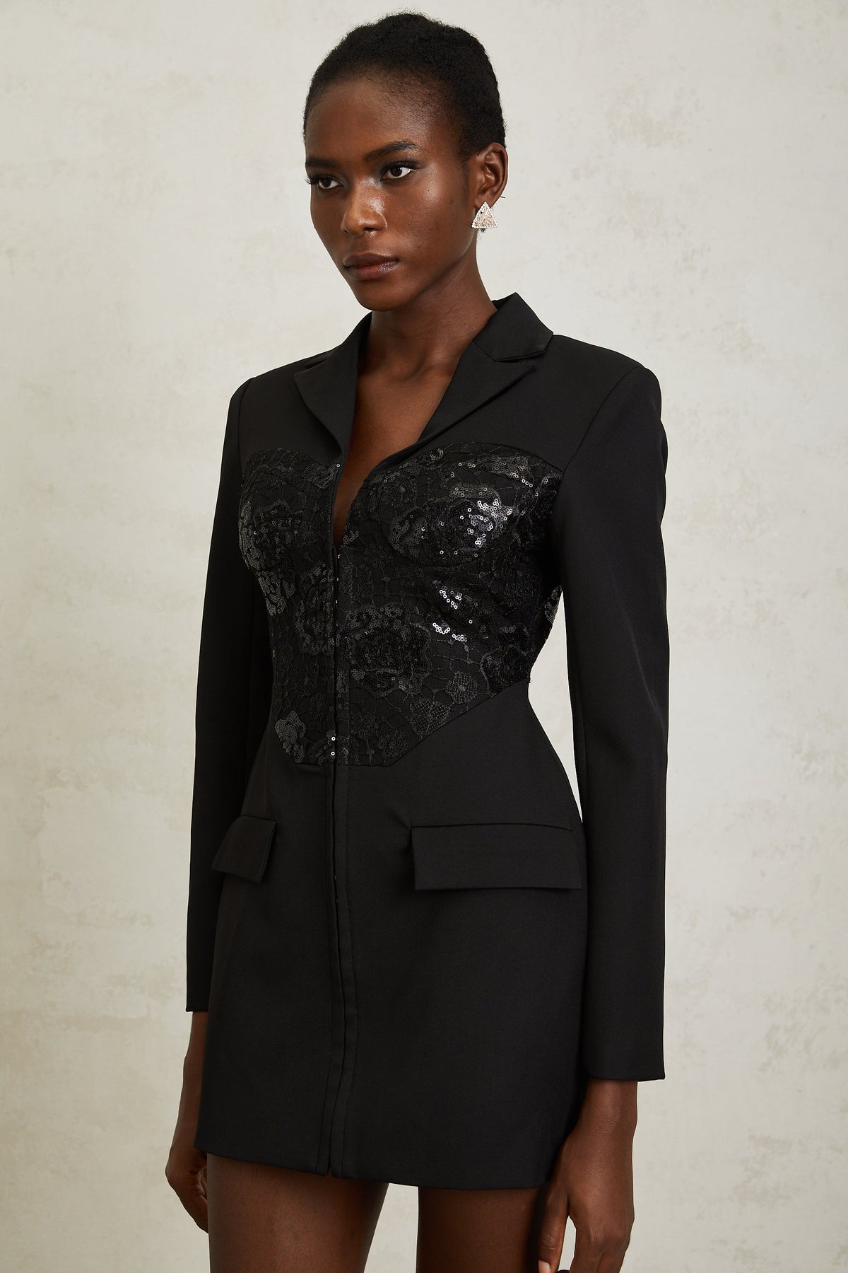 Jacinta Black Lace Panel Mini Blazer Dress