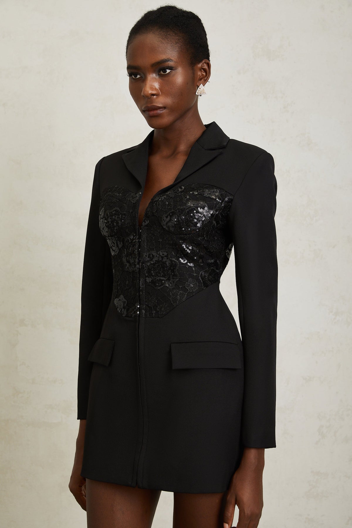 Jacinta Black Lace Panel Mini Blazer Dress