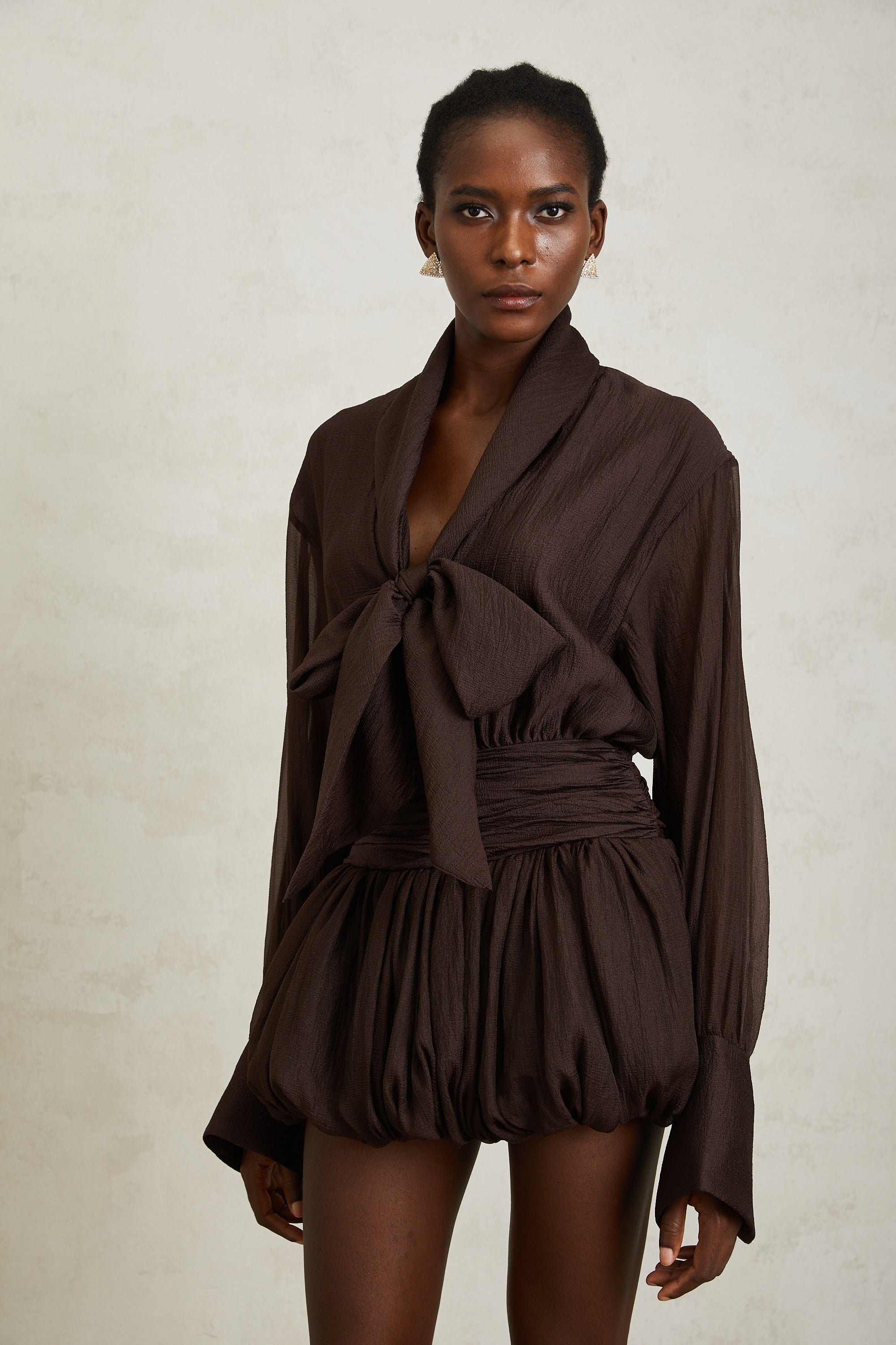 Isabella Brown Ribbon Tie Neck Mini Dress (Final Sale)
