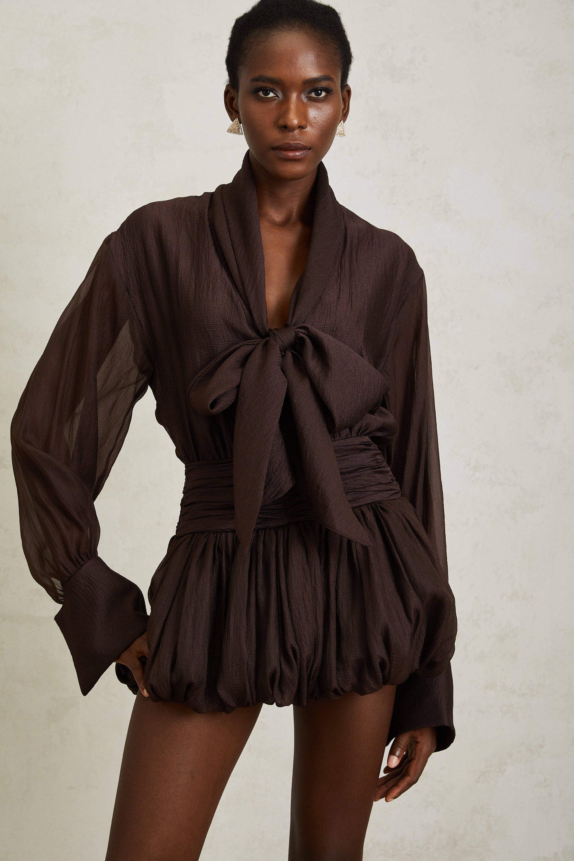Isabella Brown Ribbon Tie Neck Mini Dress (Final Sale)
