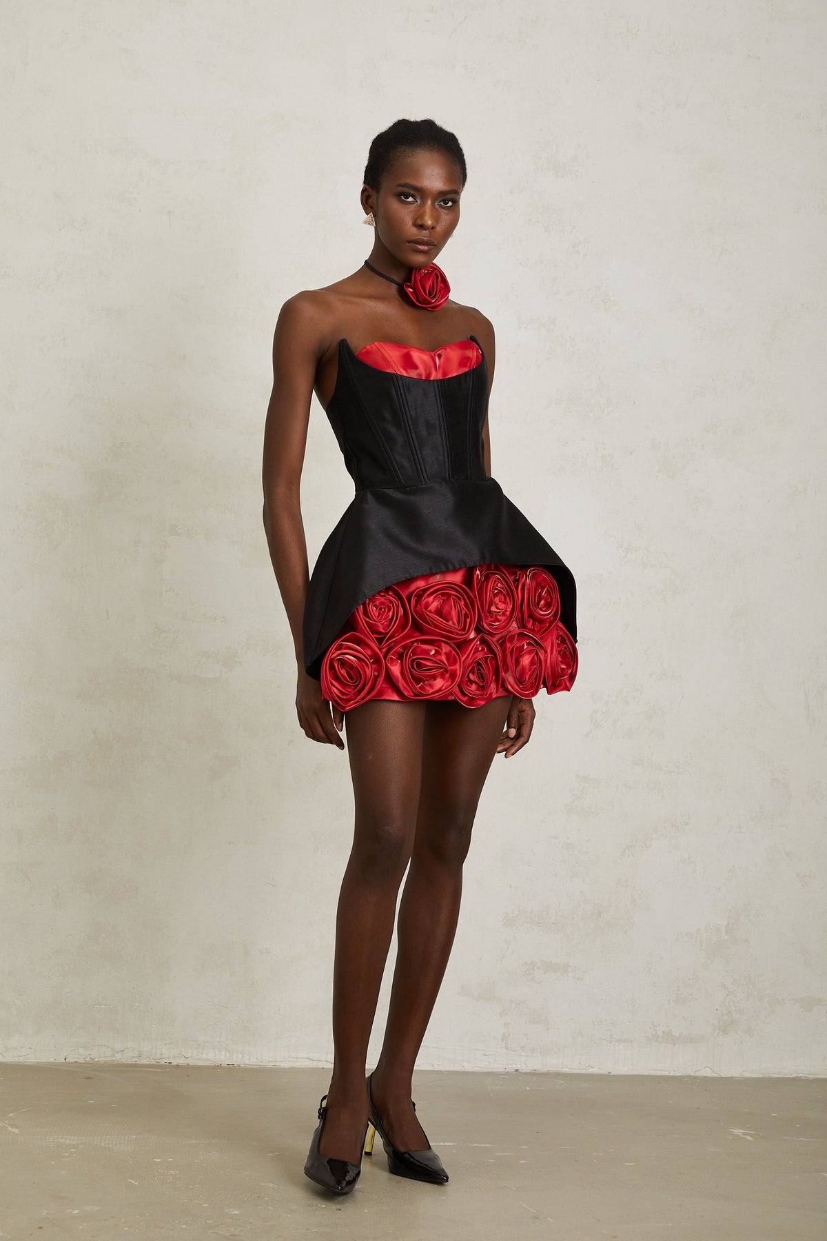Joaquina Black Rose Appliqué Corset Mini Dress