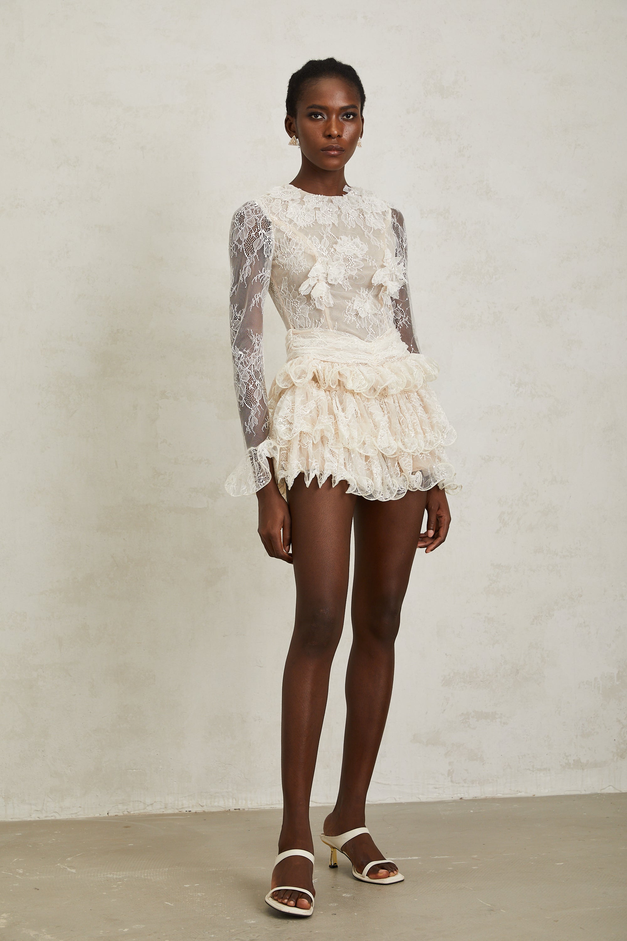 Baptistine White Floral Lace Tiered Mini Dress