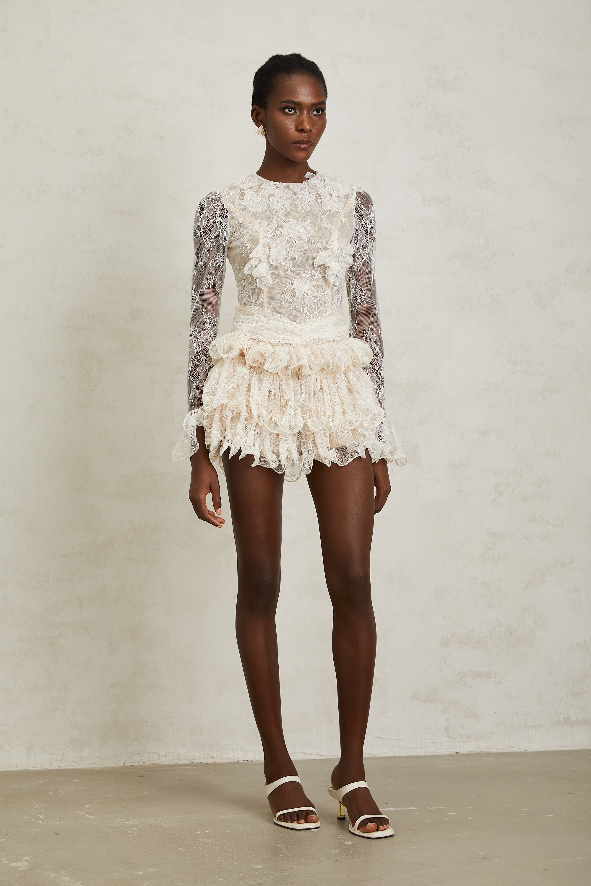 Baptistine White Floral Lace Tiered Mini Dress